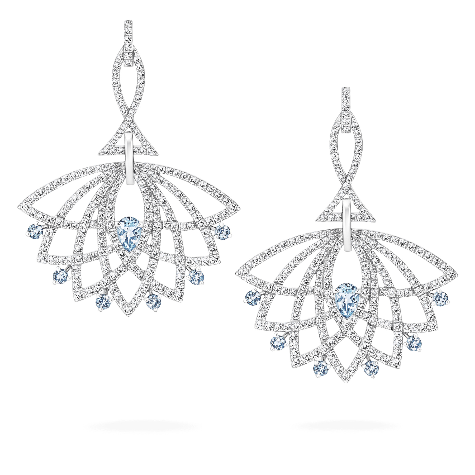 Garrard Lotus Jewellery Collection Lotus Bloom Aquamarine and Diamond Drop Earrings In 18K White Gold, 2019346, Hero