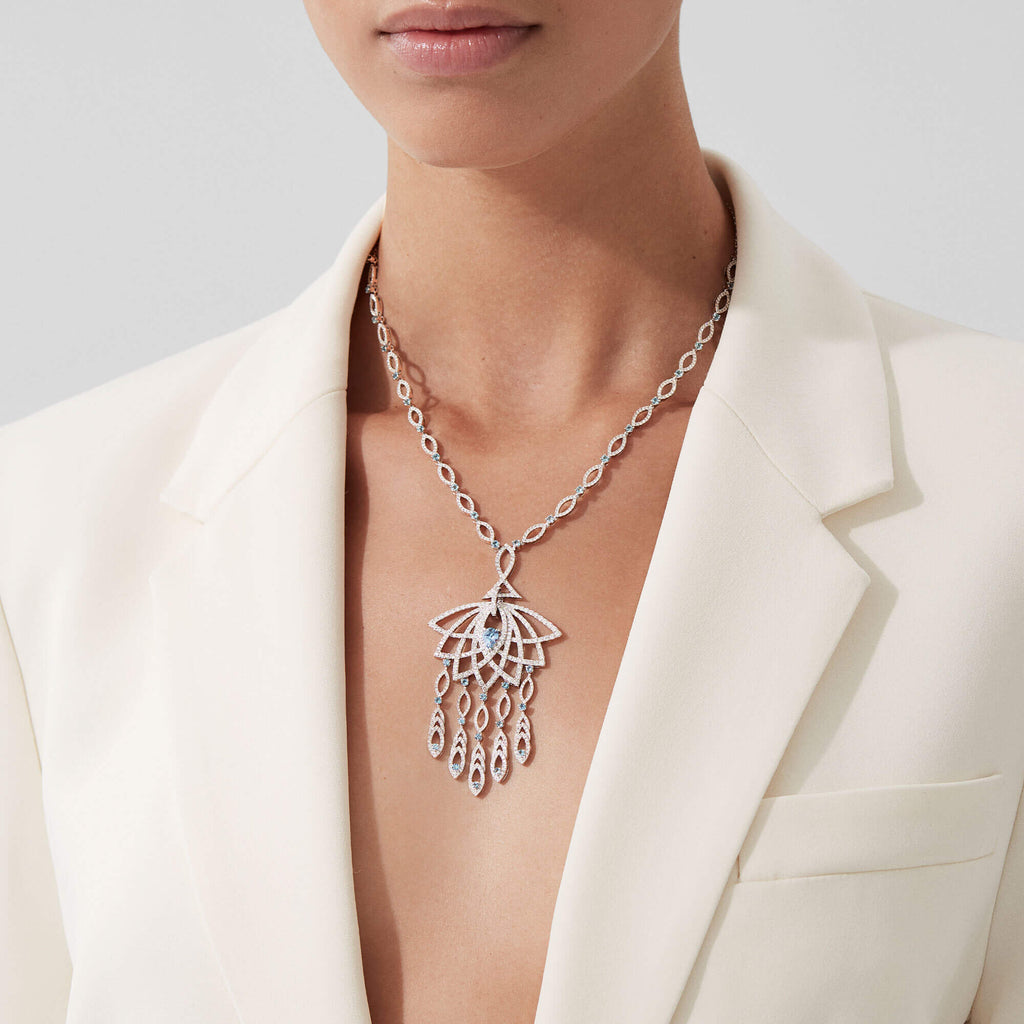 Garrard Lotus Jewellery Collection Lotus Bloom Aquamarine and Diamond Slider Pendant In 18K White Gold, 2019340, Model