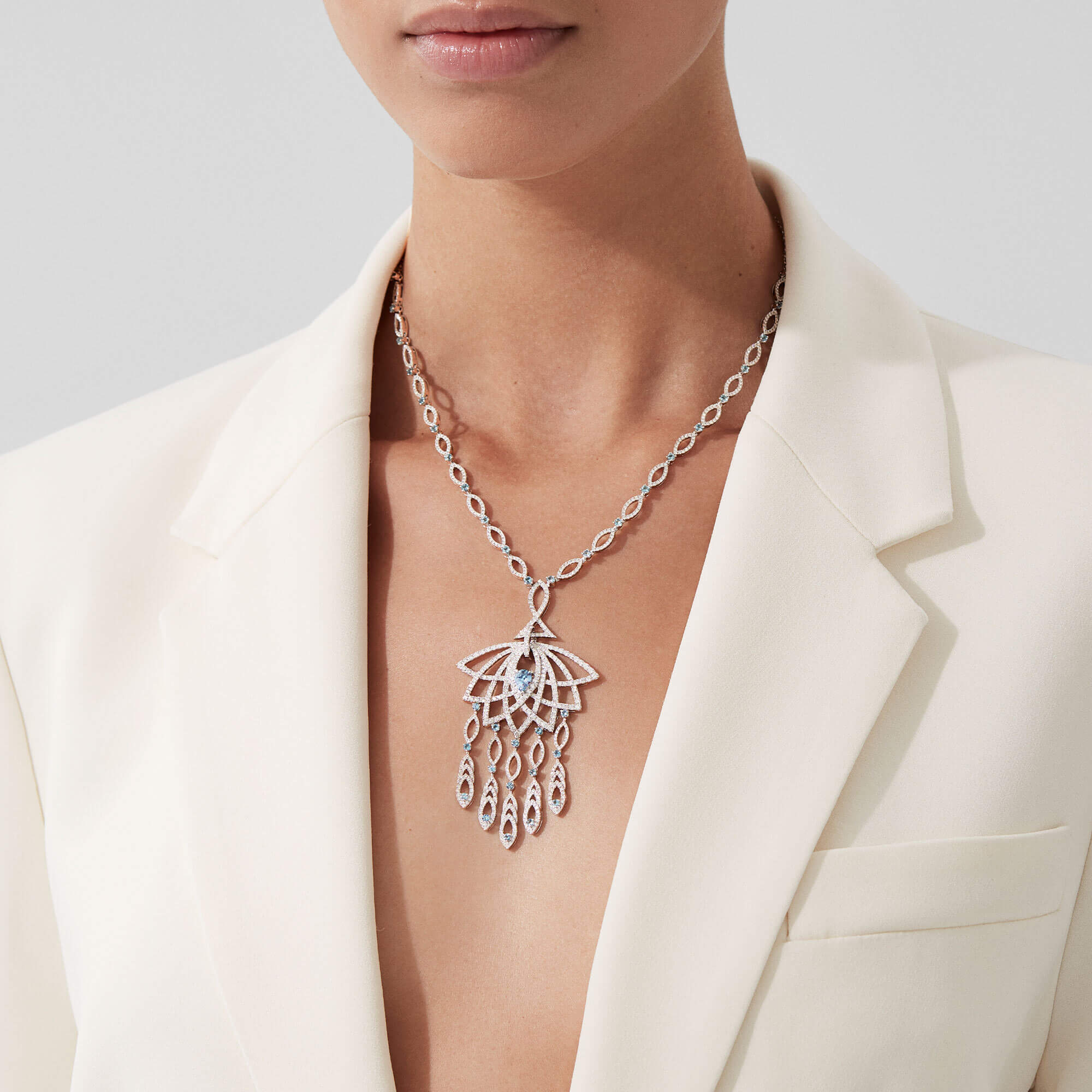 Garrard Lotus Jewellery Collection Lotus Bloom Aquamarine and Diamond Slider Pendant In 18K White Gold, 2019340, Model