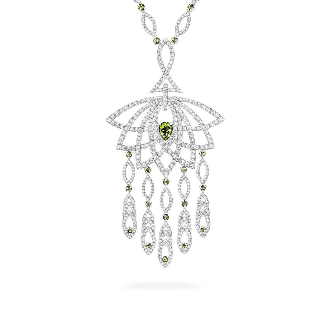 Garrard Lotus Jewellery Collection Lotus Bloom Tsavorite Garnet and Diamond Slider Pendant In 18K White Gold, 2019341, Hero
