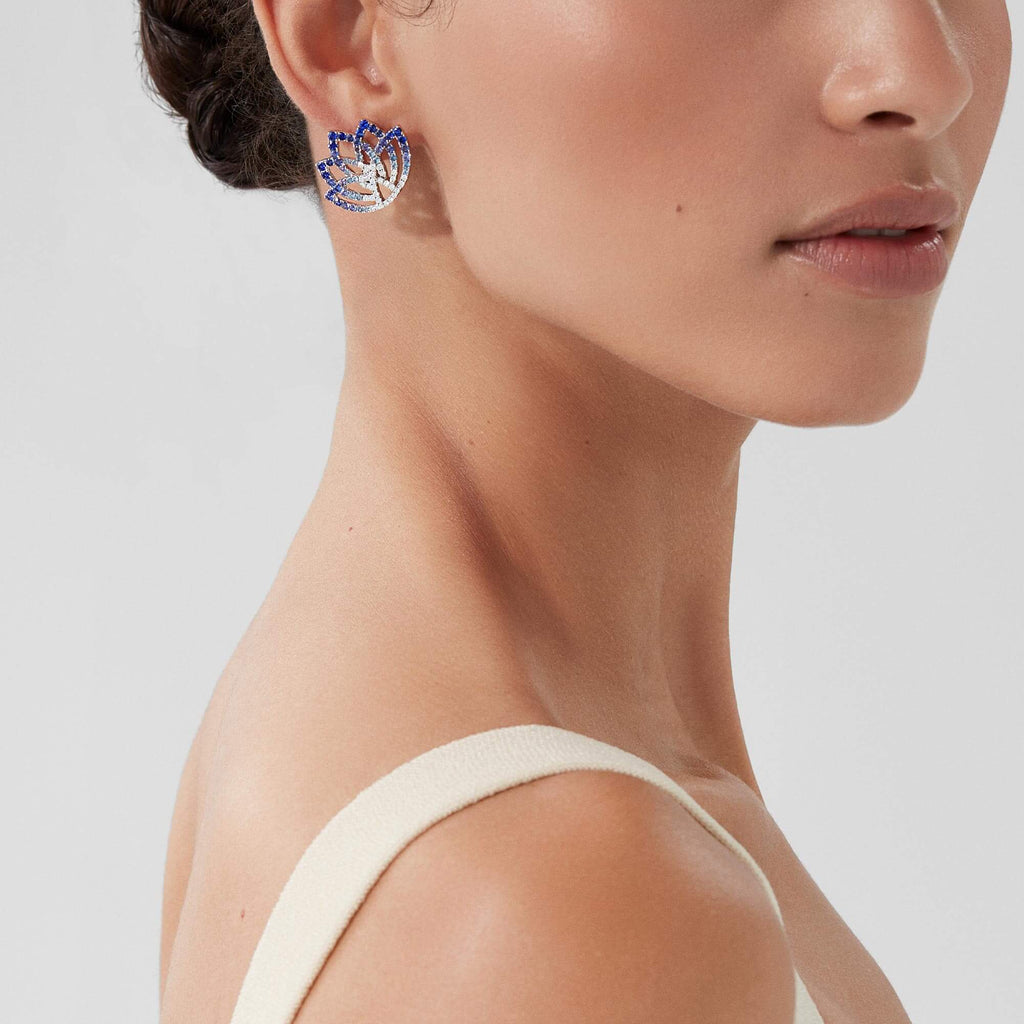 Garrard Lotus Jewellery Collection Lotus Flower Blue Sapphire and and Diamond Climber Earrings in 18K White Gold, 2019322, Model