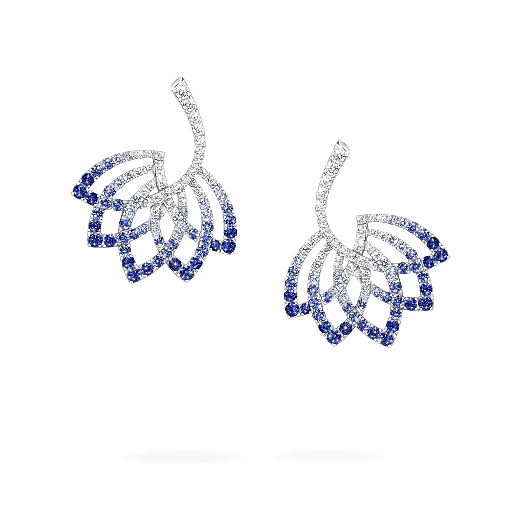 Garrard Lotus Jewellery Collection Lotus Flower Blue Sapphire and and Diamond Drop Earrings in 18K White Gold, 2019316, Hero