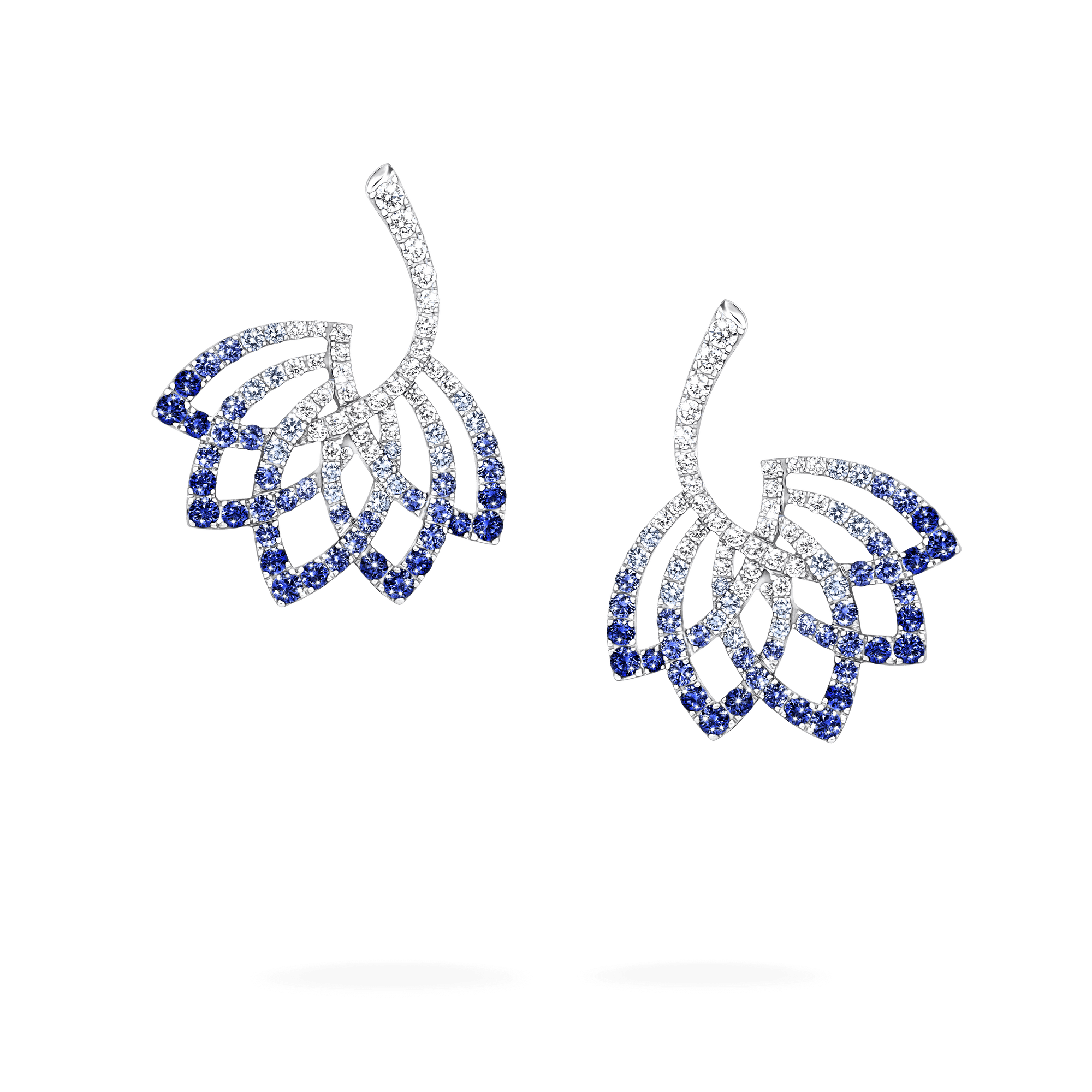 Garrard Lotus Jewellery Collection Lotus Flower Blue Sapphire and and Diamond Drop Earrings in 18K White Gold, 2019316, Hero