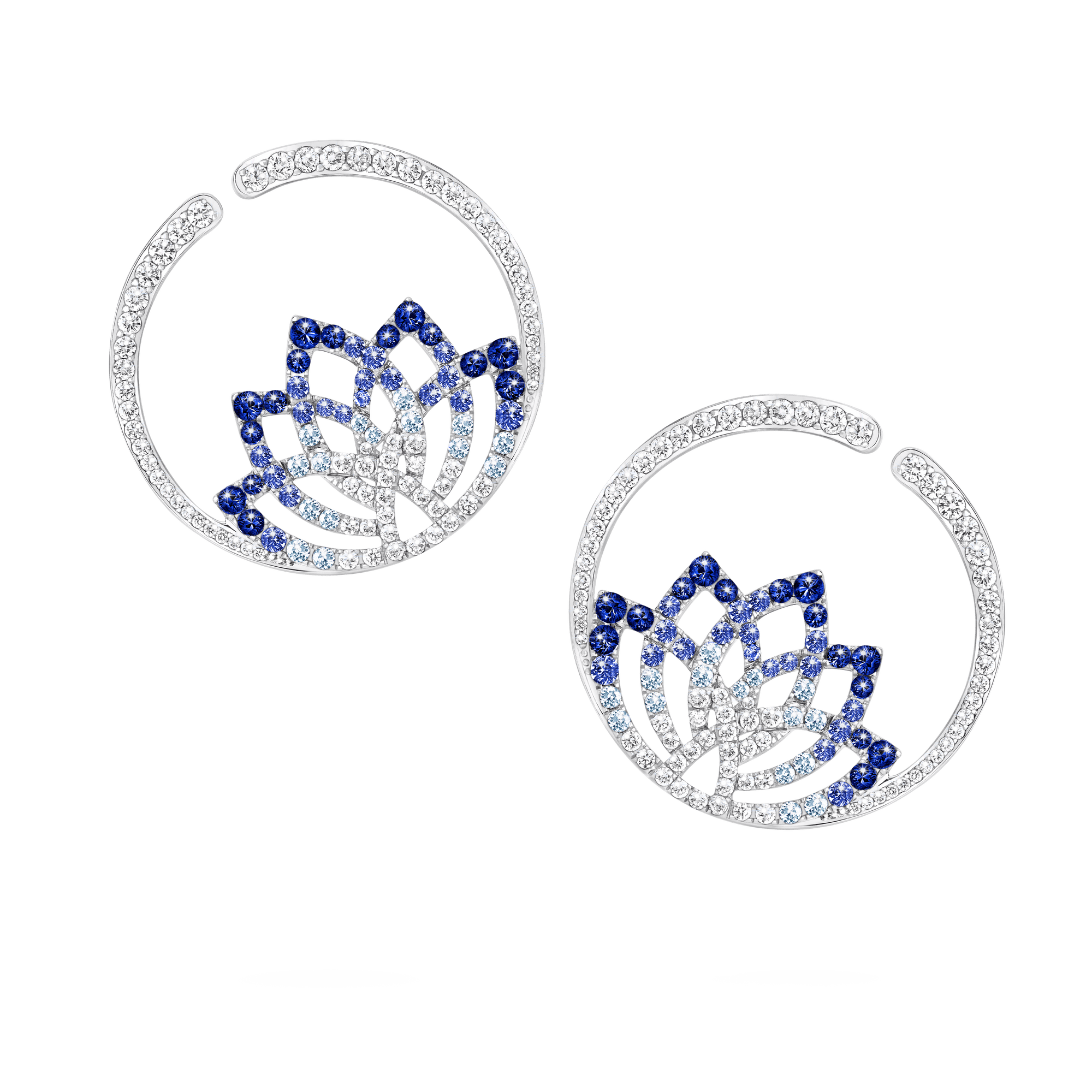 Garrard Lotus Jewellery Collection Lotus Flower Blue Sapphire and and Diamond Hoop Earrings in 18K White Gold, 2019328, Hero