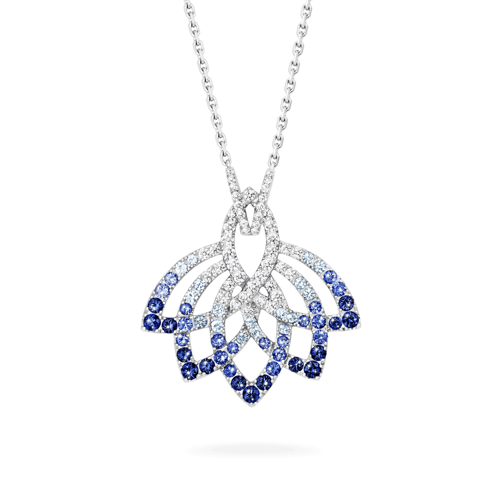 Garrard Lotus Jewellery Collection Lotus Flower Blue Sapphire and and Diamond Pendant in 18K White Gold, 2019310, Hero