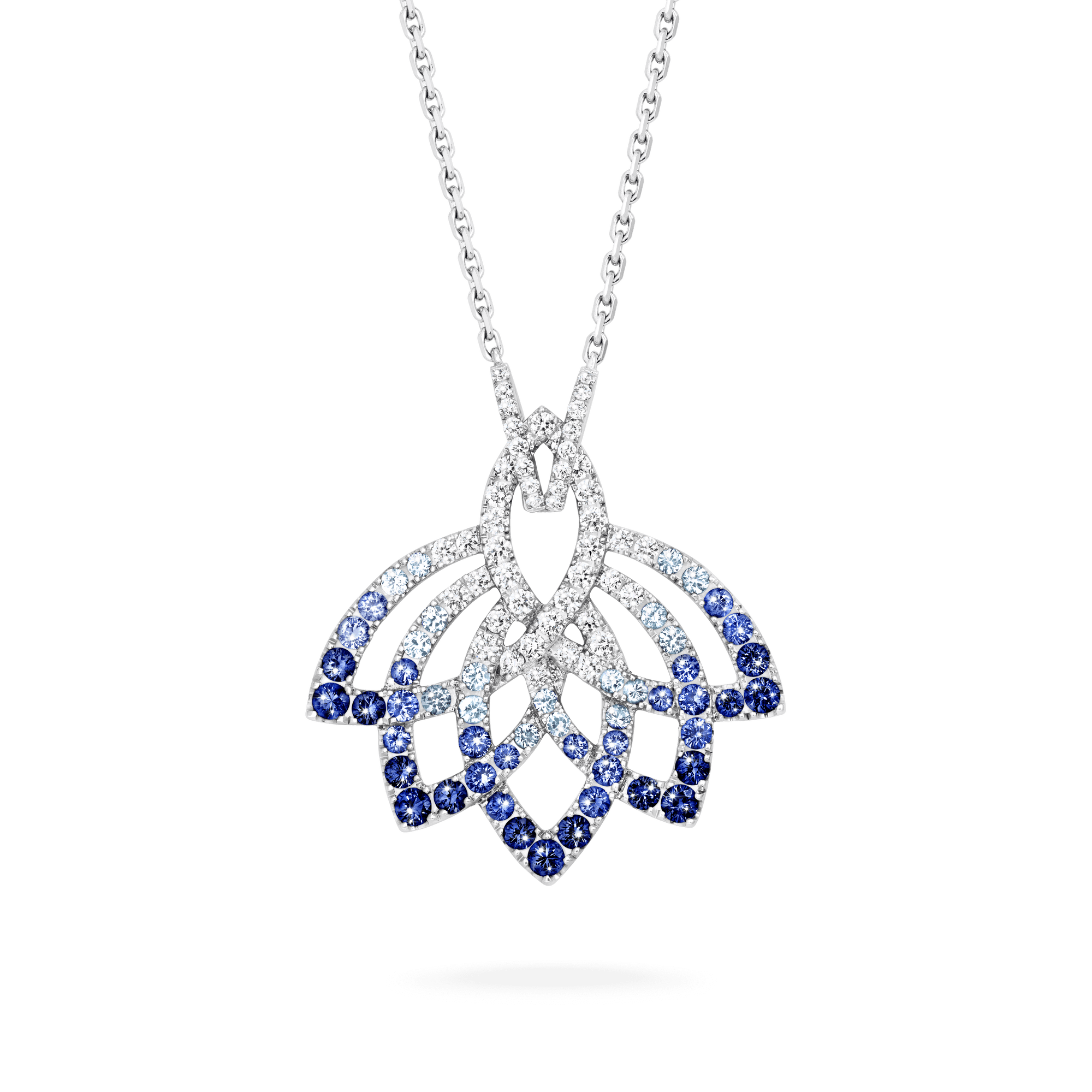 Garrard Lotus Jewellery Collection Lotus Flower Blue Sapphire and and Diamond Pendant in 18K White Gold, 2019310, Hero