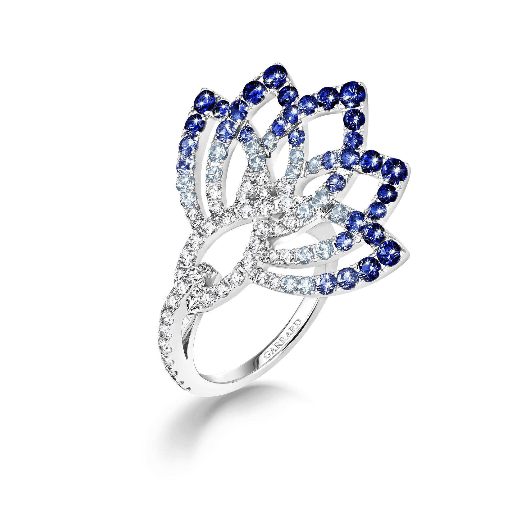 Garrard Lotus Jewellery Collection Lotus Flower Blue Sapphire and and Diamond Ring in 18K White Gold, 2019334, Hero