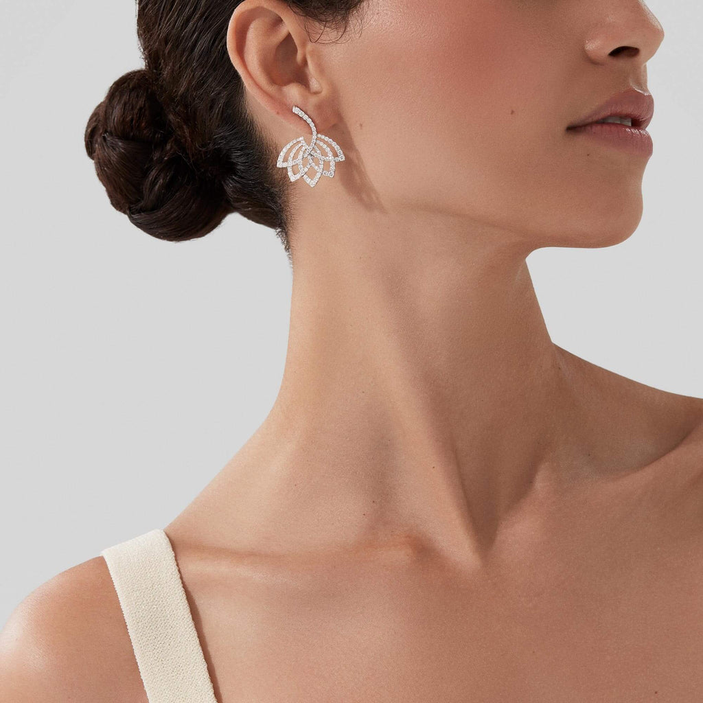 Garrard Lotus Jewellery Collection Lotus Flower Diamond Drop Earrings in 18K White Gold, 2019314, Model