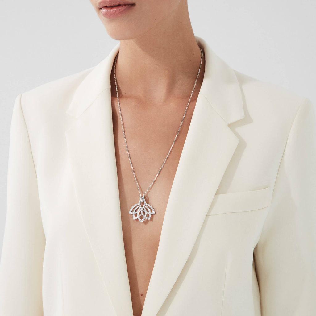 Garrard Lotus Jewellery Collection Lotus Flower Diamond Pendant in 18K White Gold, 2019308, Model