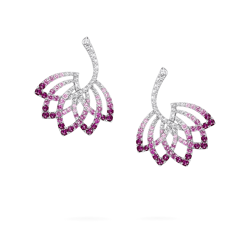 Garrard Lotus Jewellery Collection Lotus Flower Pink Sapphire and and Diamond Drop Earrings in 18K White Gold, 2019315, Hero