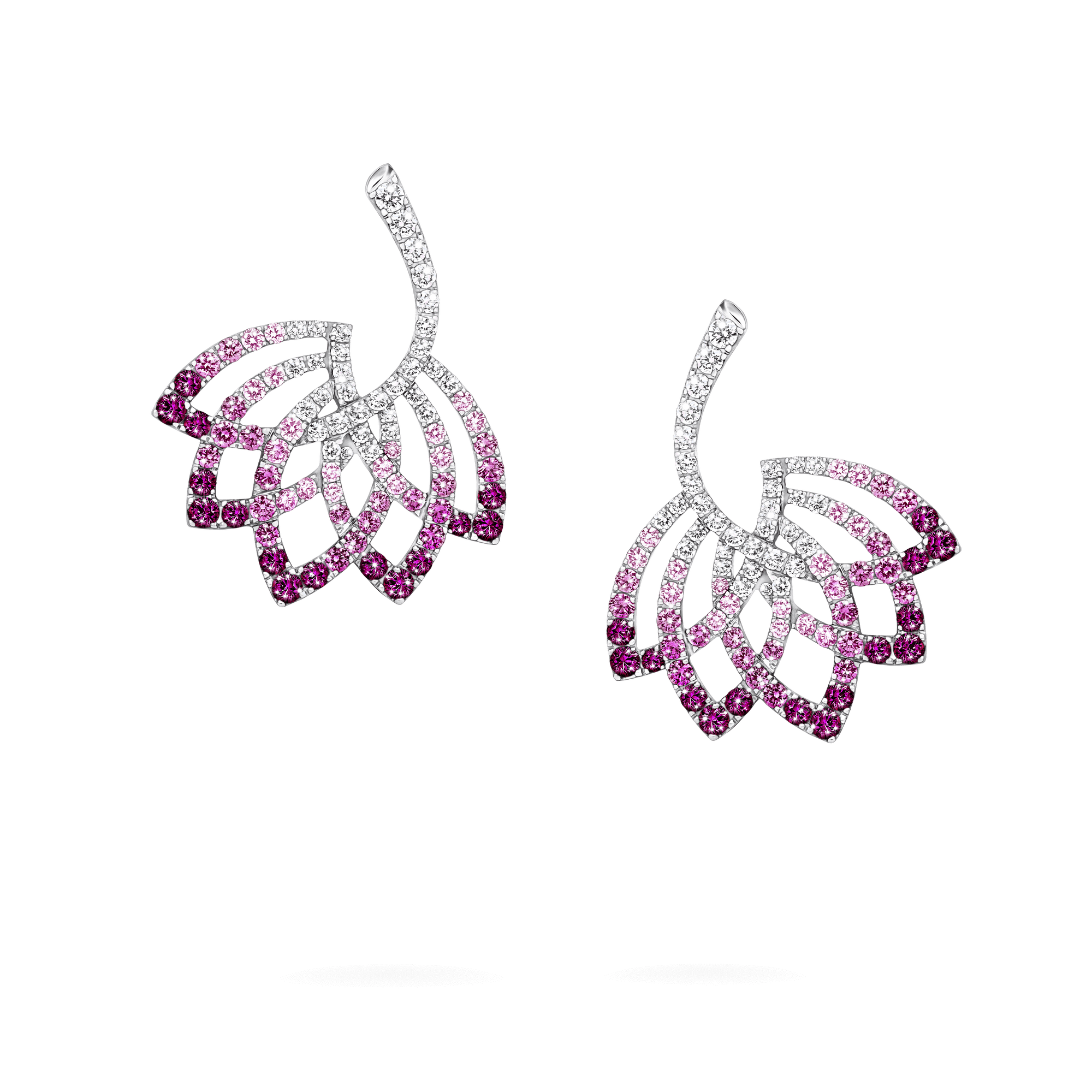 Garrard Lotus Jewellery Collection Lotus Flower Pink Sapphire and and Diamond Drop Earrings in 18K White Gold, 2019315, Hero