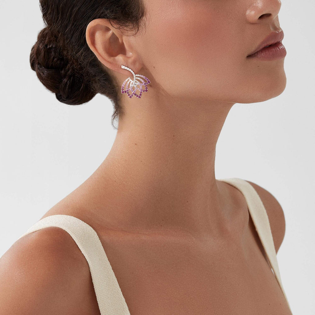 Garrard Lotus Jewellery Collection Lotus Flower Pink Sapphire and and Diamond Drop Earrings in 18K White Gold, 2019315, Model