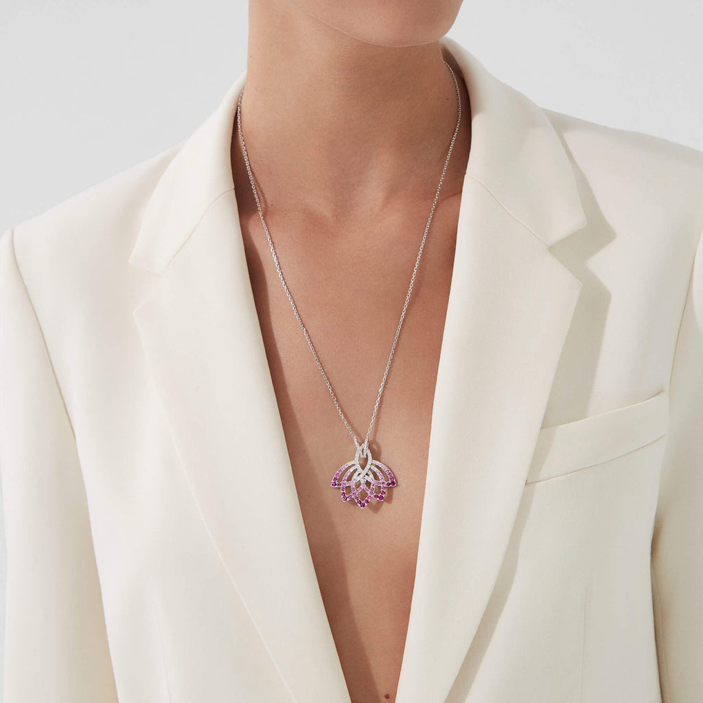 Garrard Lotus Jewellery Collection Lotus Flower Pink Sapphire and and Diamond Pendant in 18K White Gold, 2019309, Model