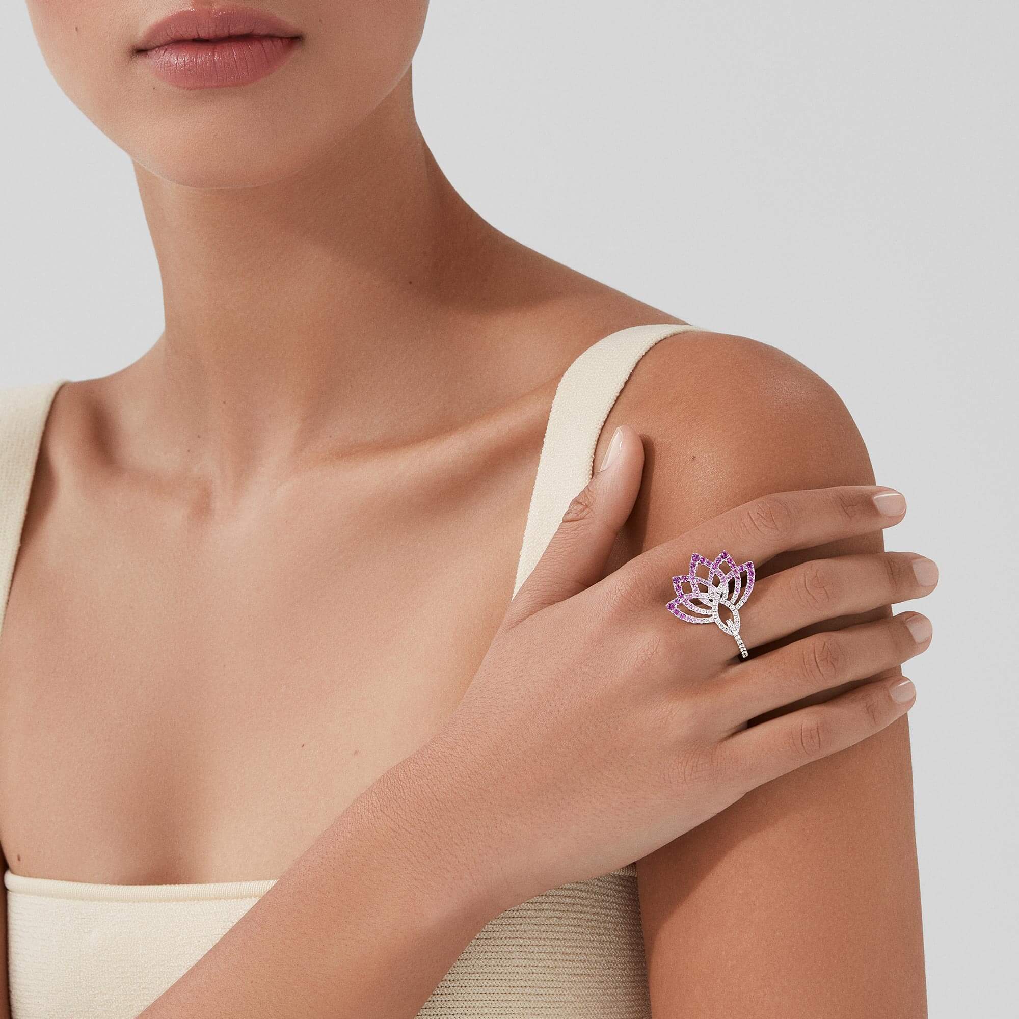 Garrard Lotus Jewellery Collection Lotus Flower Pink Sapphire and and Diamond Ring in 18K White Gold, 2019333, Model
