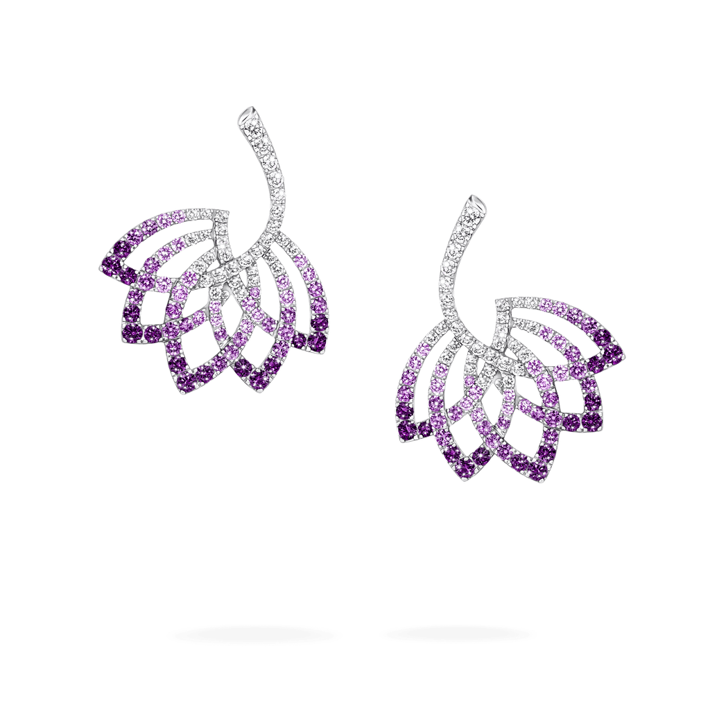 Garrard Lotus Jewellery Collection Lotus Flower Purple Sapphire and and Diamond Drop Earrings in 18K White Gold, 2019319, Hero