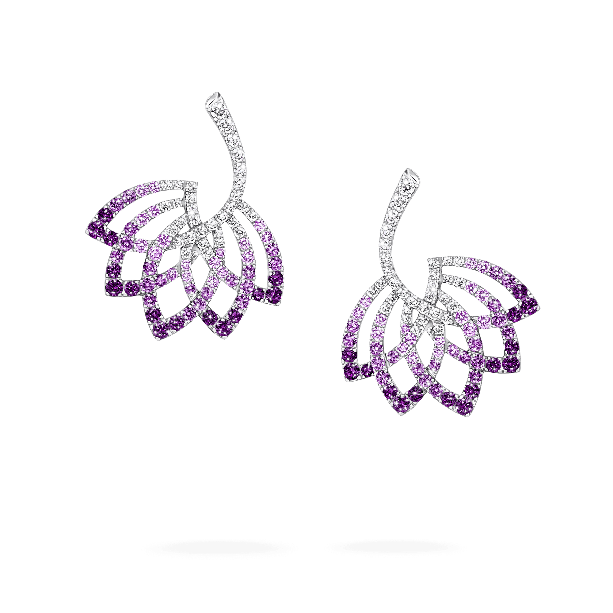 Garrard Lotus Jewellery Collection Lotus Flower Purple Sapphire and and Diamond Drop Earrings in 18K White Gold, 2019319, Hero