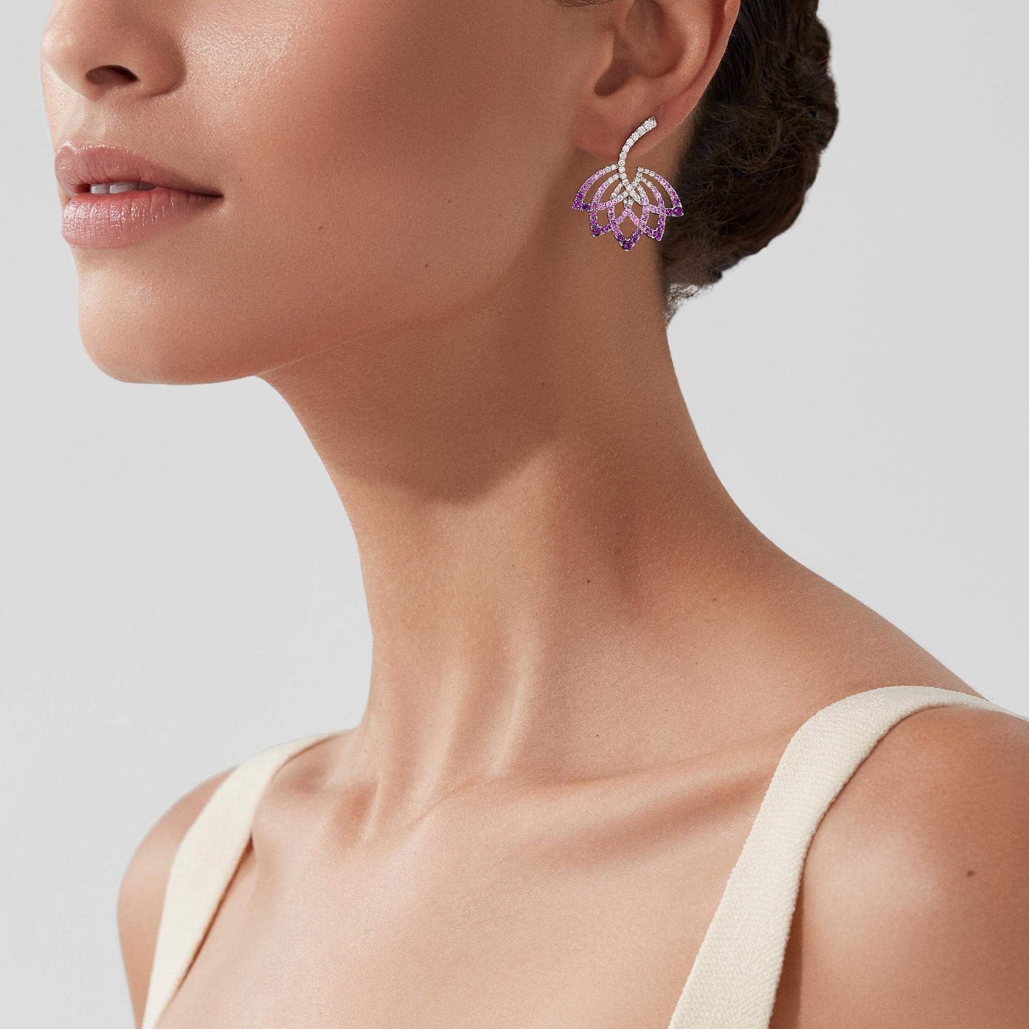 Garrard Lotus Jewellery Collection Lotus Flower Purple Sapphire and and Diamond Drop Earrings in 18K White Gold, 2019319, Model