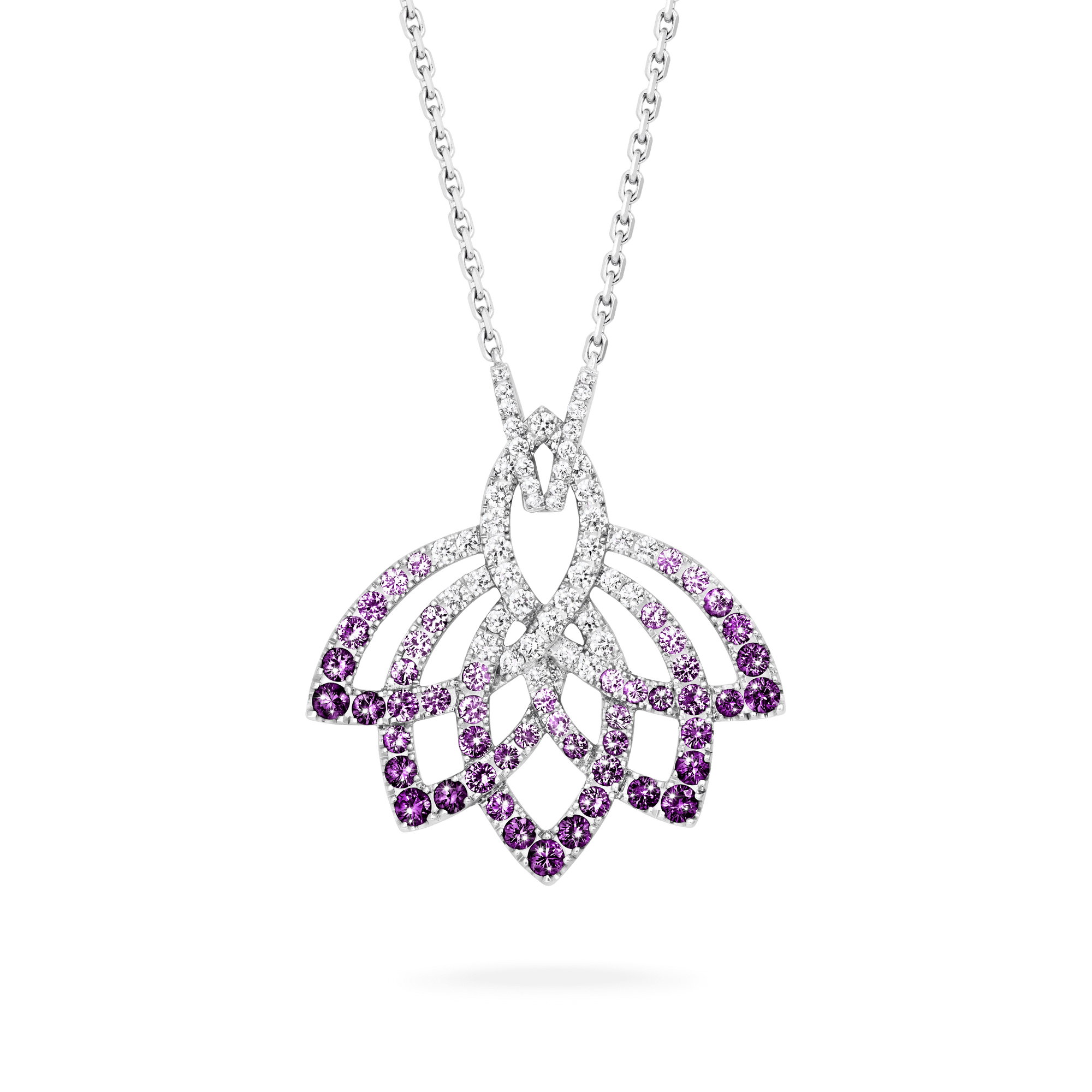 Garrard Lotus Jewellery Collection Lotus Flower Purple Sapphire and and Diamond Pendant in 18K White Gold, 2019313, Hero