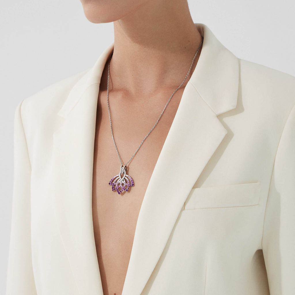 Garrard Lotus Jewellery Collection Lotus Flower Purple Sapphire and and Diamond Pendant in 18K White Gold, 2019313, Model