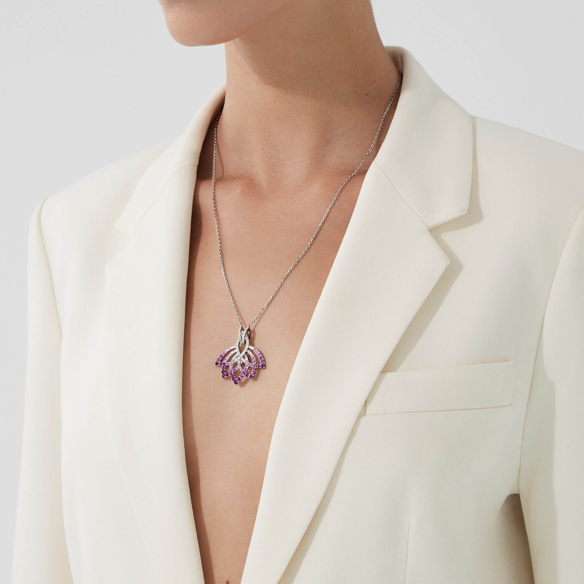 Garrard Lotus Jewellery Collection Lotus Flower Purple Sapphire and and Diamond Pendant in 18K White Gold, 2019313, Model