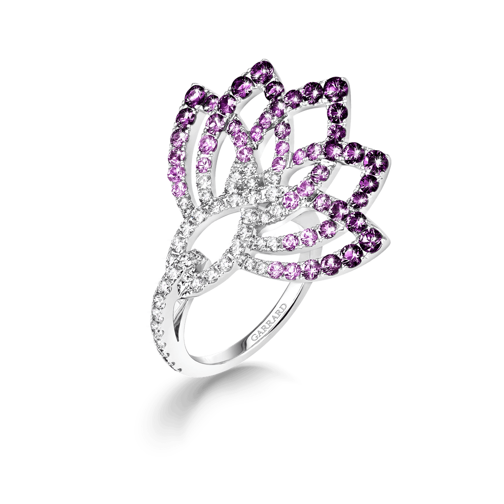 Garrard Lotus Jewellery Collection Lotus Flower Purple Sapphire and and Diamond Ring in 18K White Gold, 2019337, Hero