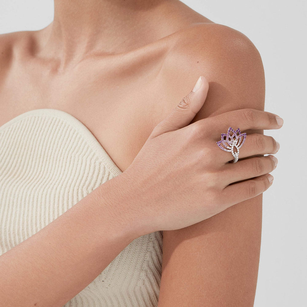 Garrard Lotus Jewellery Collection Lotus Flower Purple Sapphire and and Diamond Ring in 18K White Gold, 2019337, Model