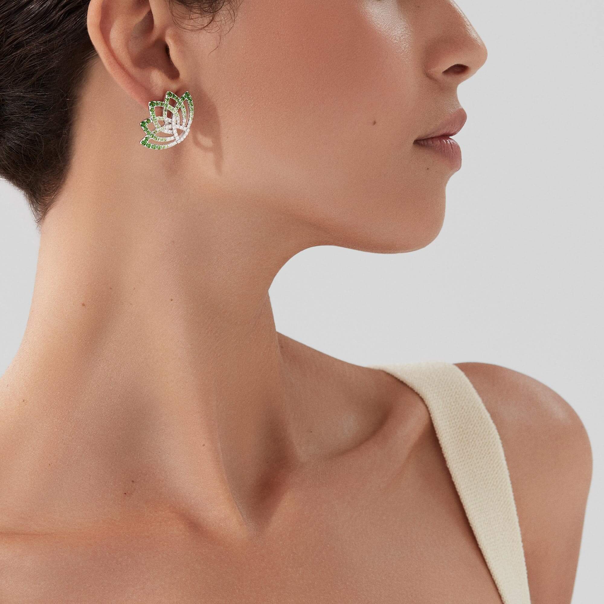 Garrard Lotus Jewellery Collection Lotus Flower Tsavorite Garnet and Diamond Climber Earrings in 18K White Gold, 2019323, Model