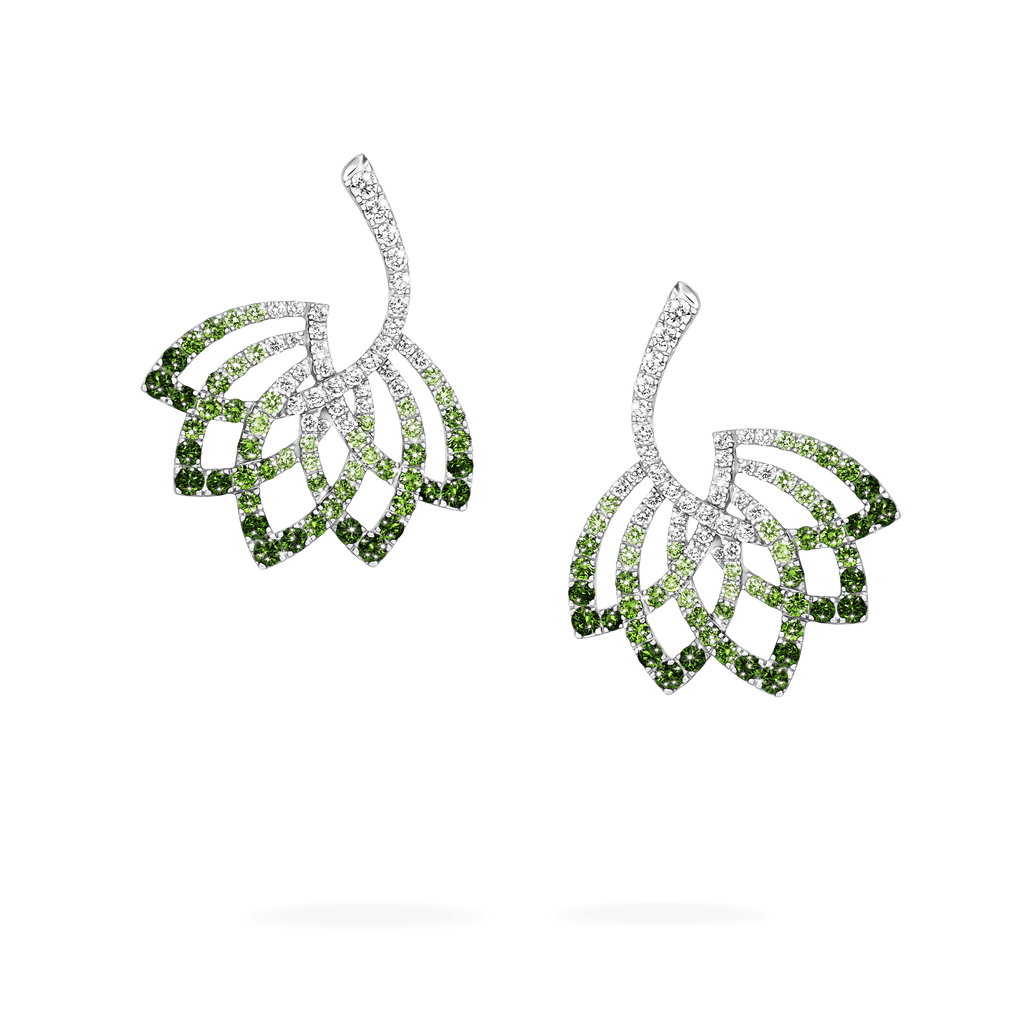 Garrard Lotus Jewellery Collection Lotus Flower Tsavorite Garnet and Diamond Drop Earrings in 18K White Gold, 2019317, Hero