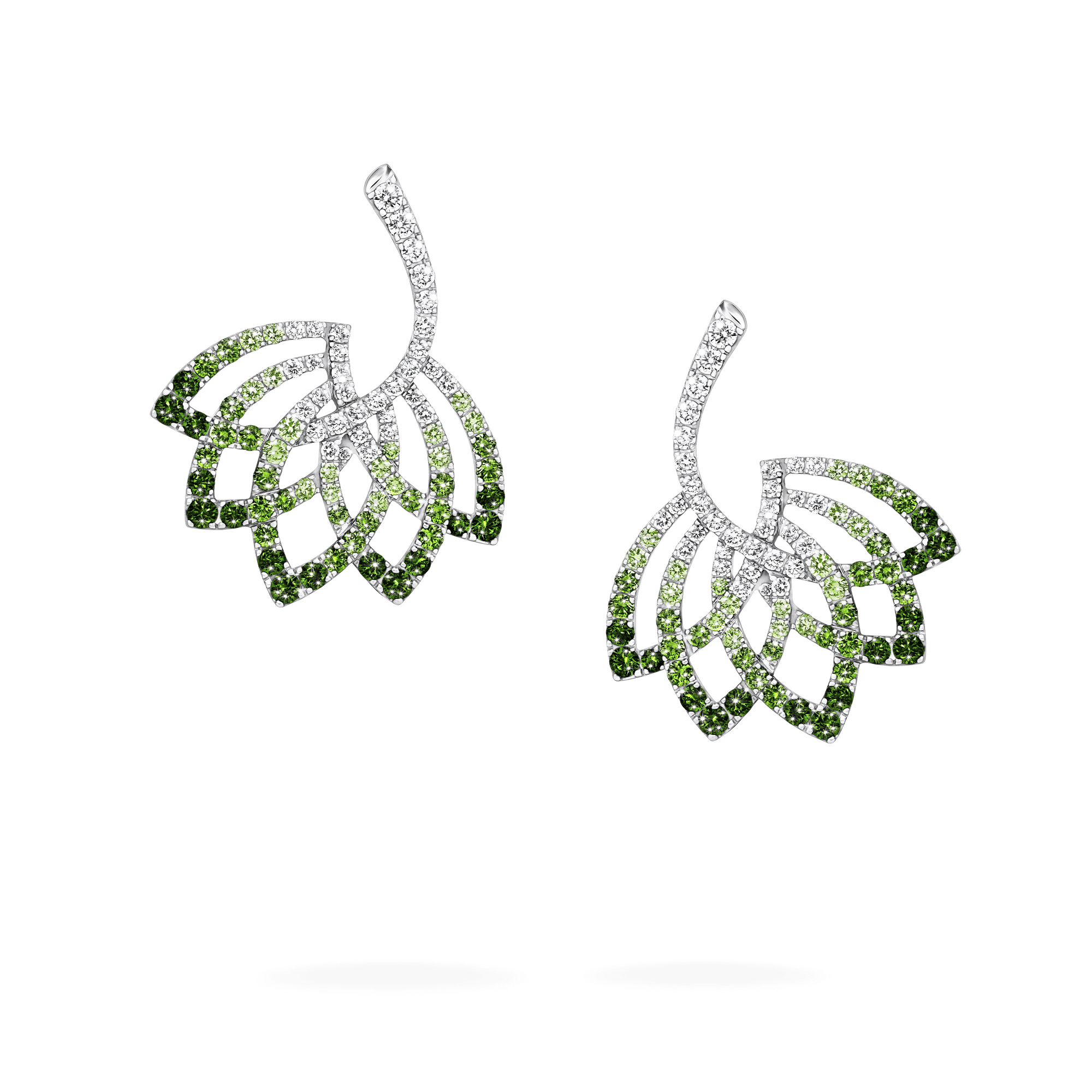 Garrard Lotus Jewellery Collection Lotus Flower Tsavorite Garnet and Diamond Drop Earrings in 18K White Gold, 2019317, Hero