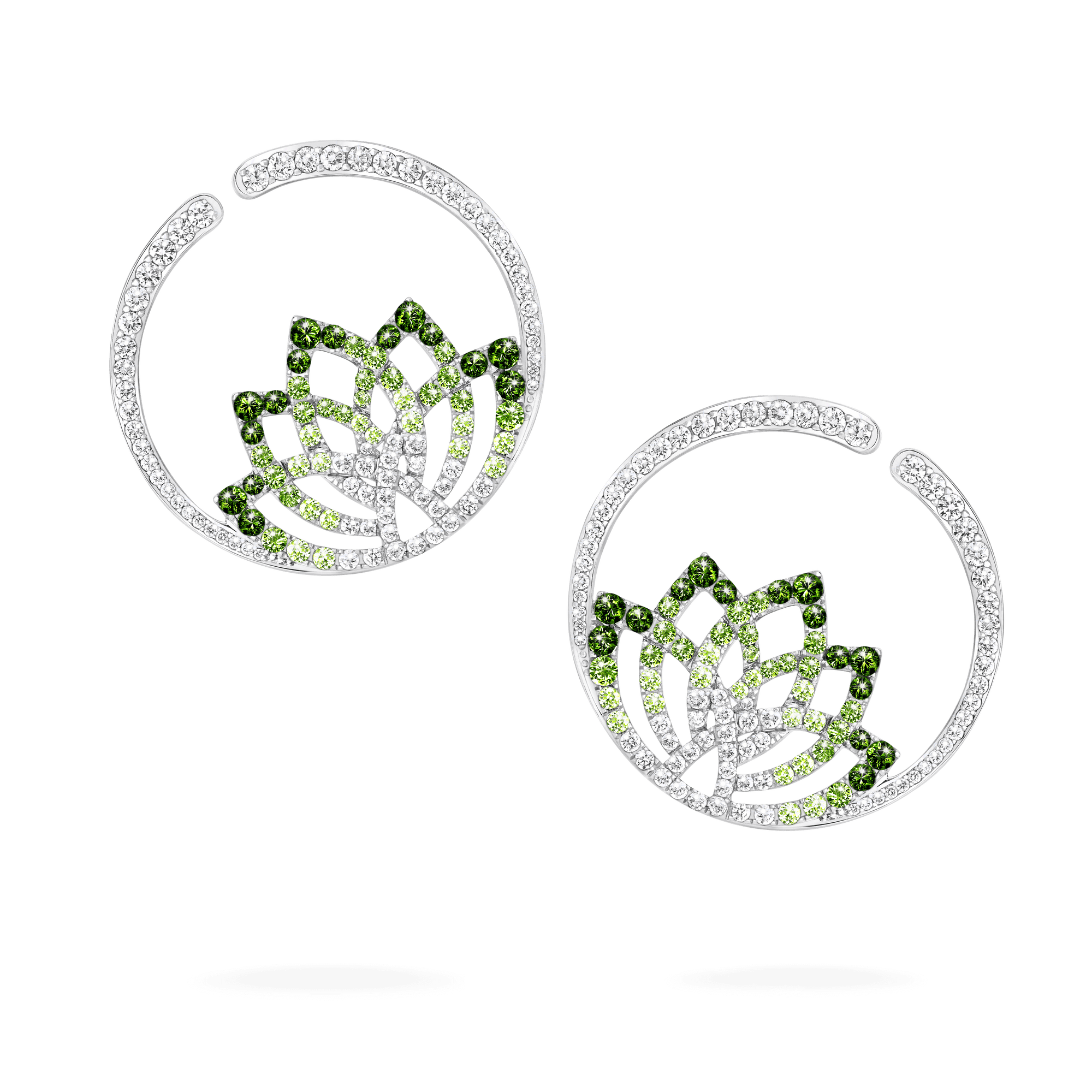 Garrard Lotus Jewellery Collection Lotus Flower Tsavorite Garnet and Diamond Hoop Earrings in 18K White Gold, 2019329, Hero