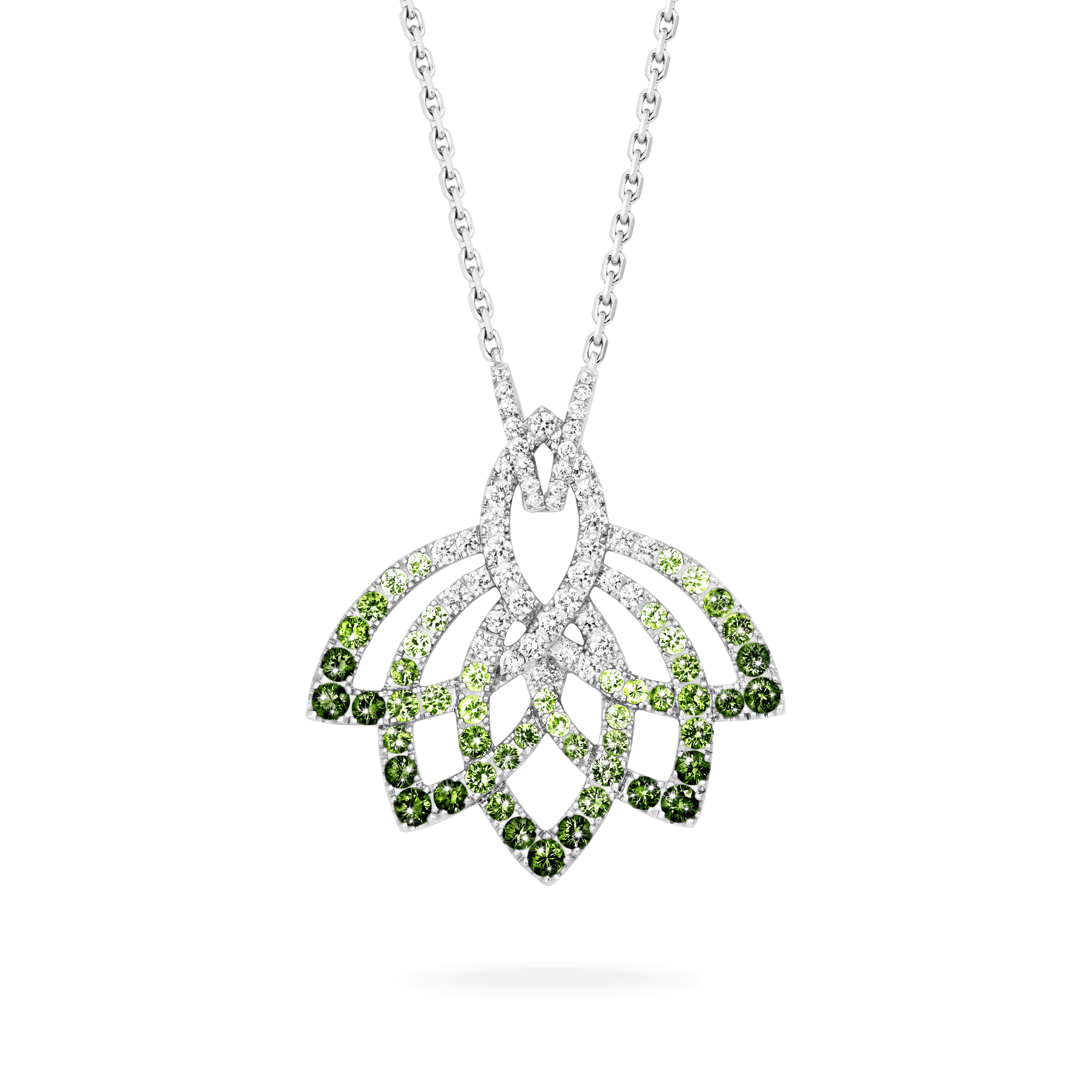 Garrard Lotus Jewellery Collection Lotus Flower Tsavorite Garnet and Diamond Pendant in 18K White Gold, 2019311, Hero