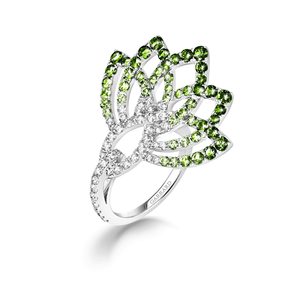 Garrard Lotus Jewellery Collection Lotus Flower Tsavorite Garnet and Diamond Ring in 18K White Gold, 2019335, Hero
