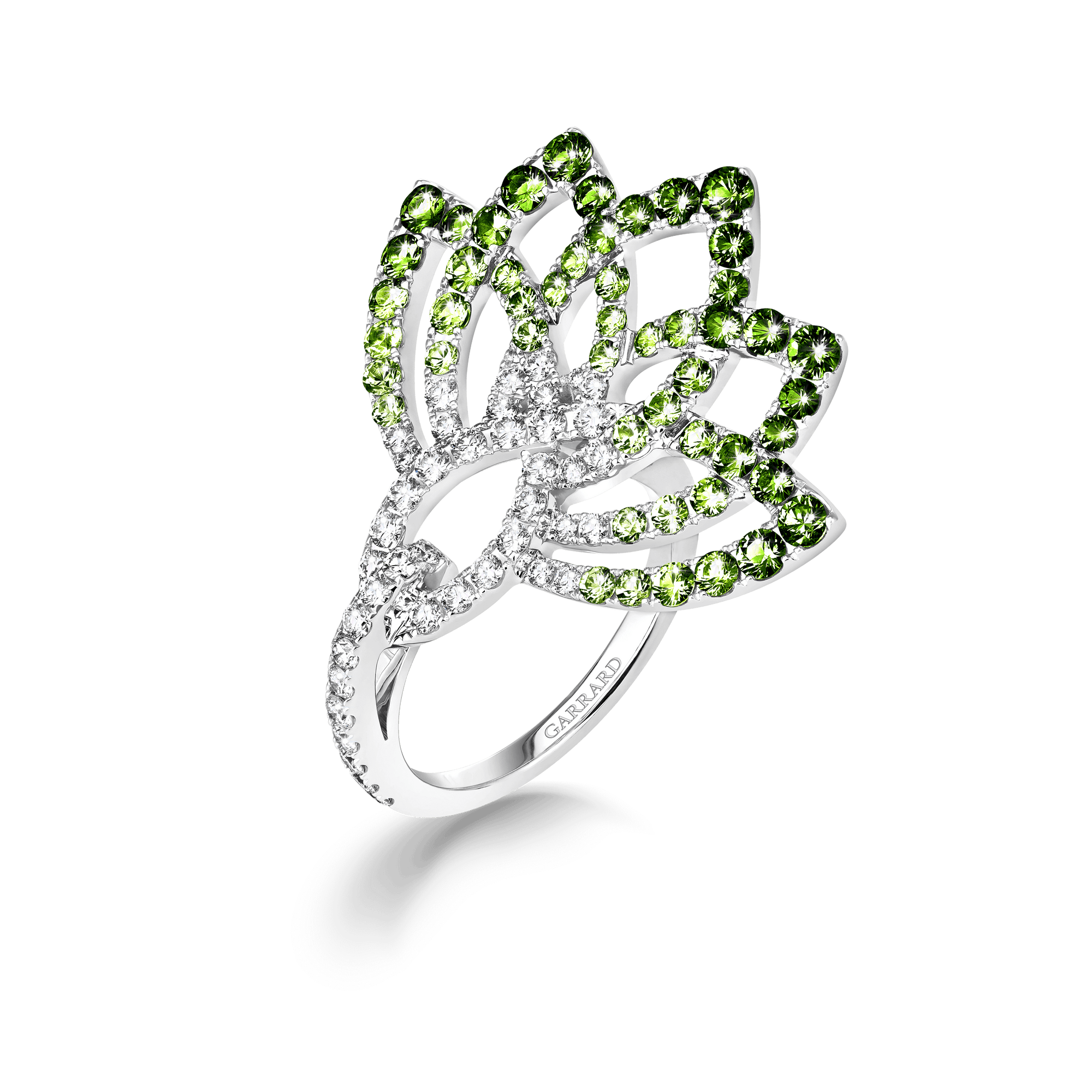 Garrard Lotus Jewellery Collection Lotus Flower Tsavorite Garnet and Diamond Ring in 18K White Gold, 2019335, Hero
