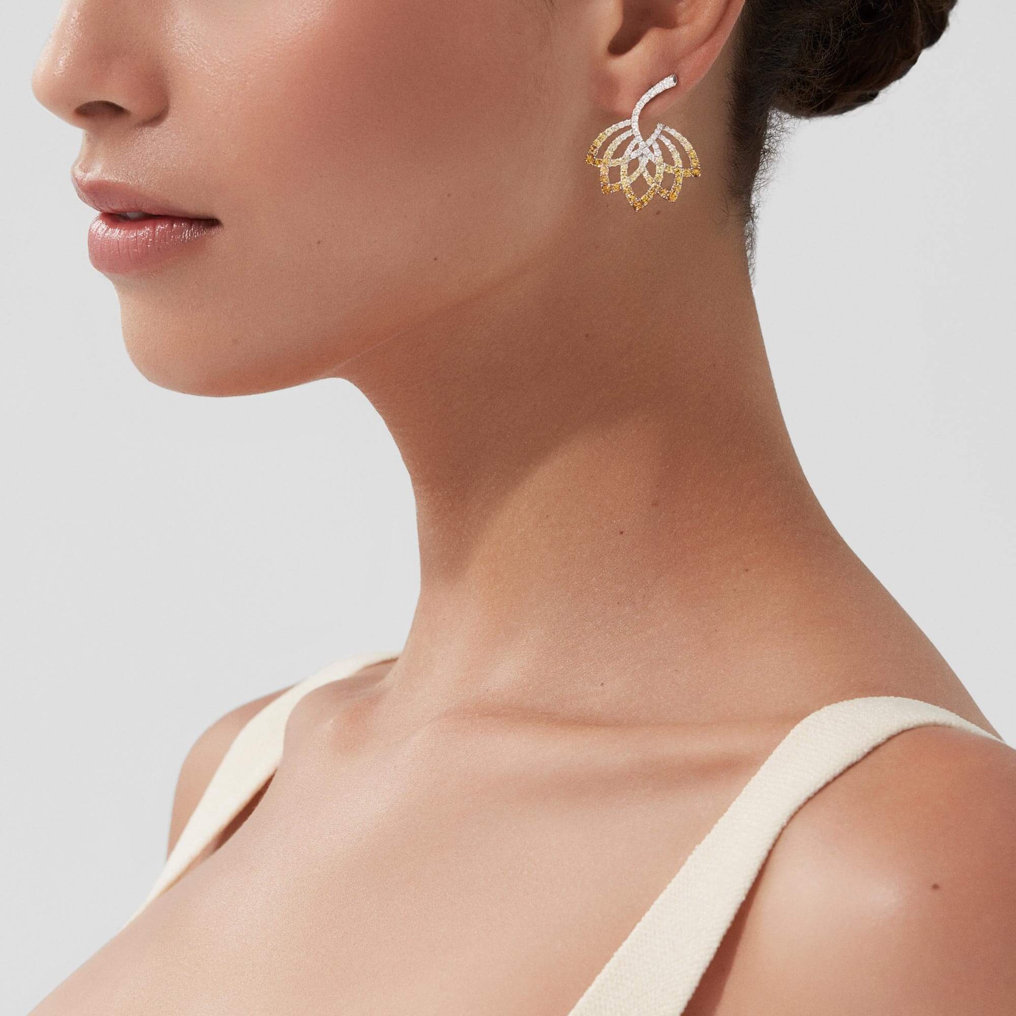 Garrard Lotus Jewellery Collection Lotus Flower Yellow Sapphire and and Diamond Drop Earrings in 18K White Gold, 2019318, Model