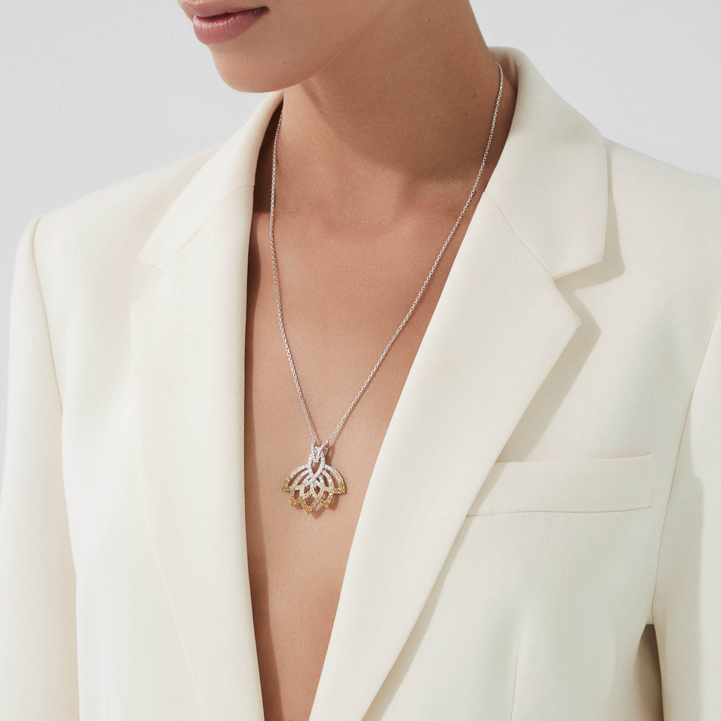 Garrard Lotus Jewellery Collection Lotus Flower Yellow Sapphire and and Diamond Pendant in 18K White Gold, 2019312, Model