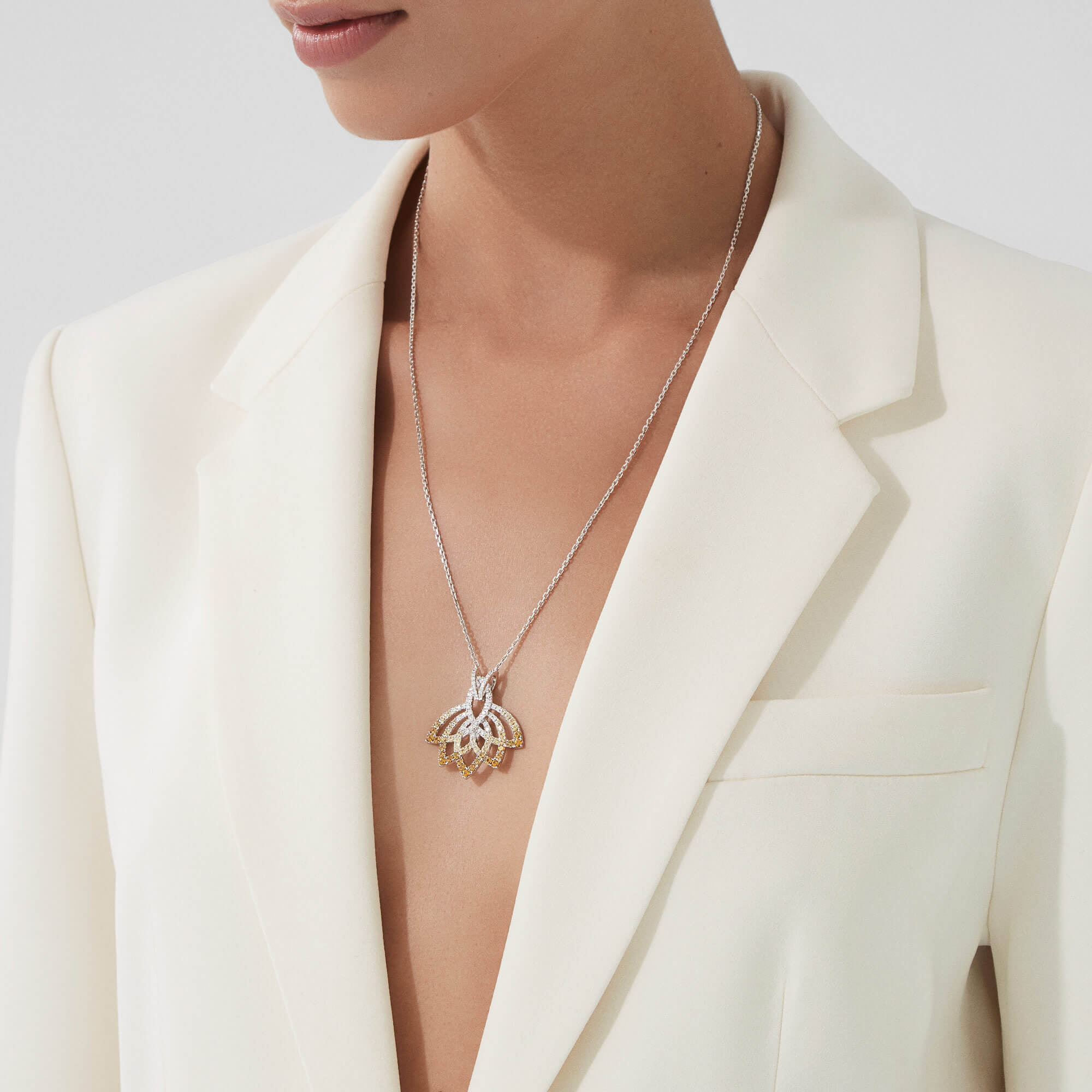 Garrard Lotus Jewellery Collection Lotus Flower Yellow Sapphire and and Diamond Pendant in 18K White Gold, 2019312, Model