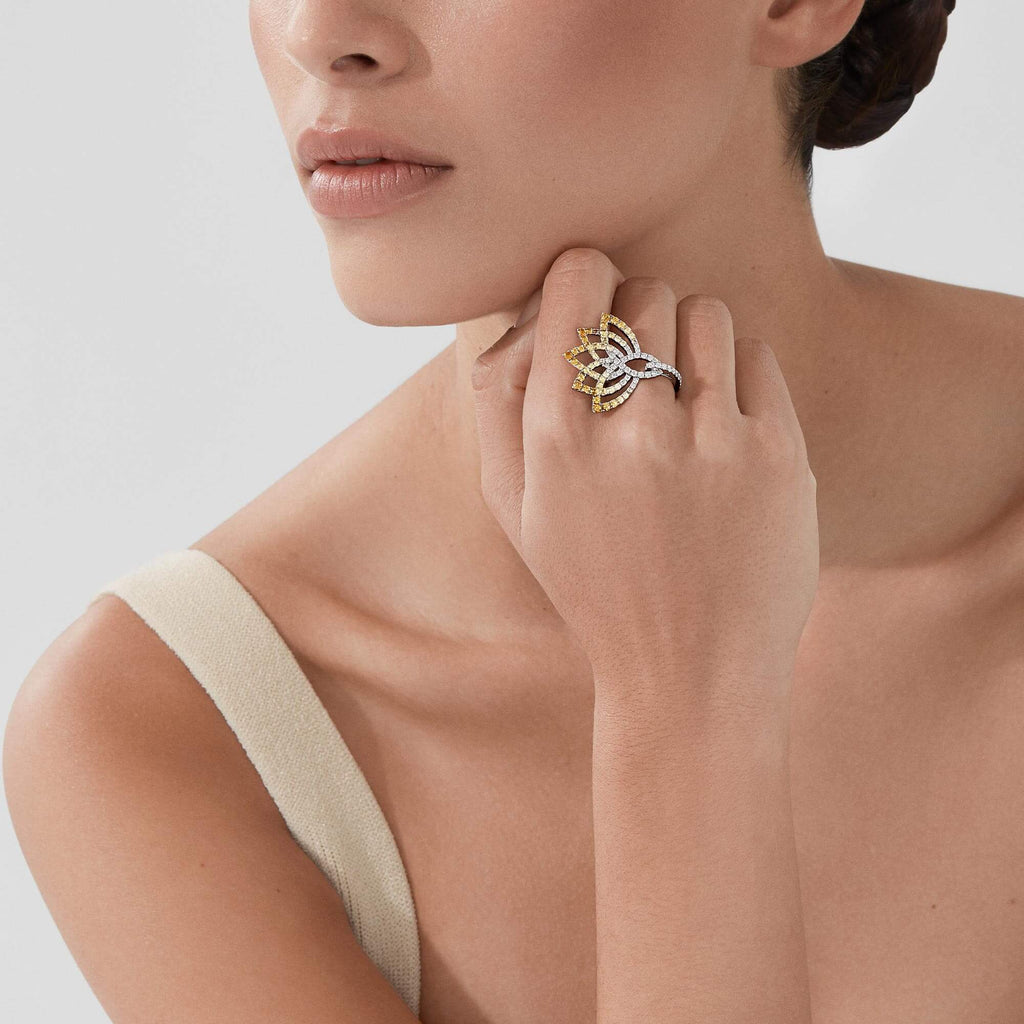 Garrard Lotus Jewellery Collection Lotus Flower Yellow Sapphire and and Diamond Ring in 18K White Gold, 2019336, Model