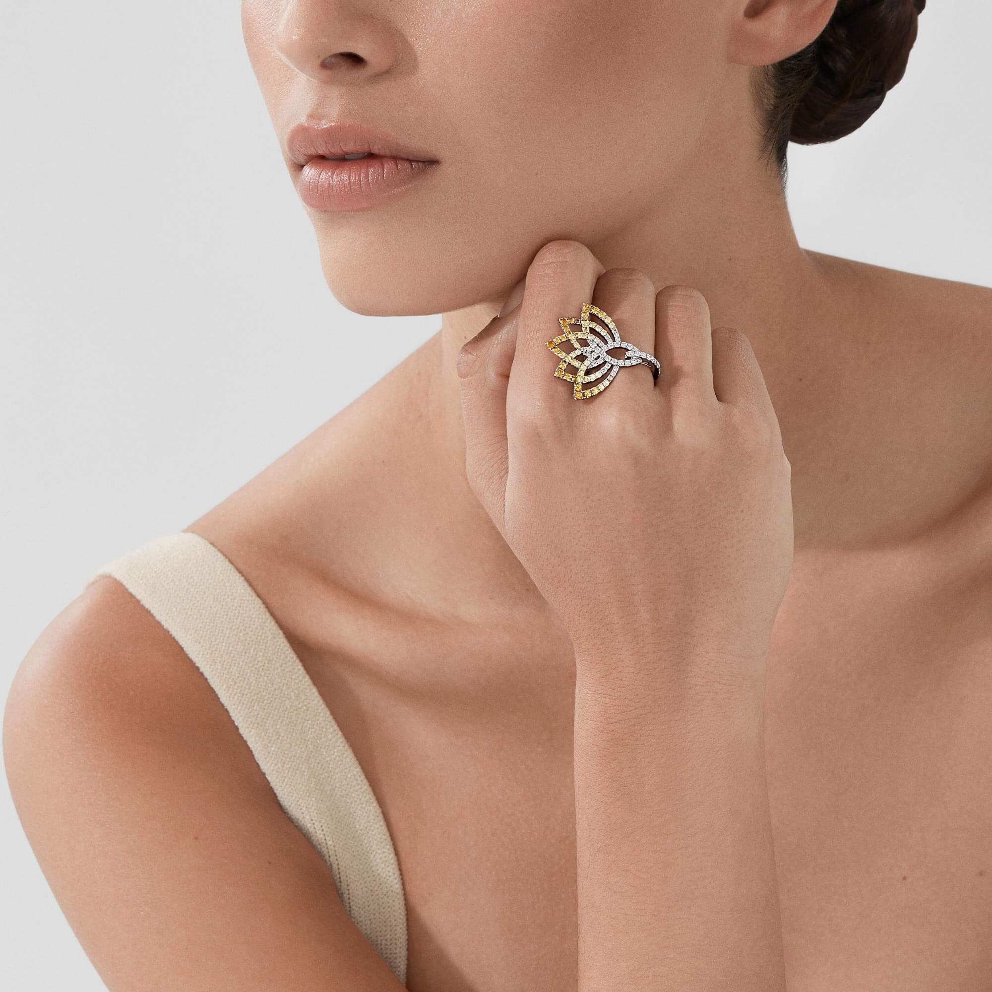 Garrard Lotus Jewellery Collection Lotus Flower Yellow Sapphire and and Diamond Ring in 18K White Gold, 2019336, Model