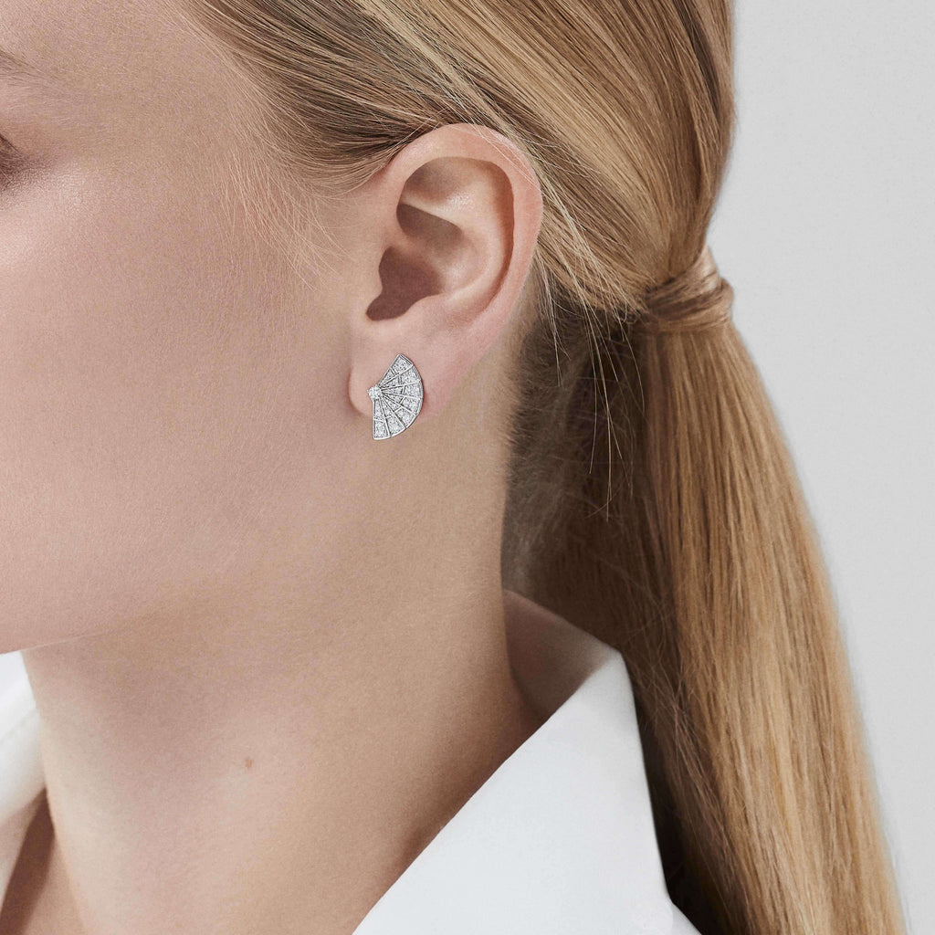 Garrard Mini Icons collection Fanfare Earrings in 18ct White Gold with Diamonds 2018314 On Model