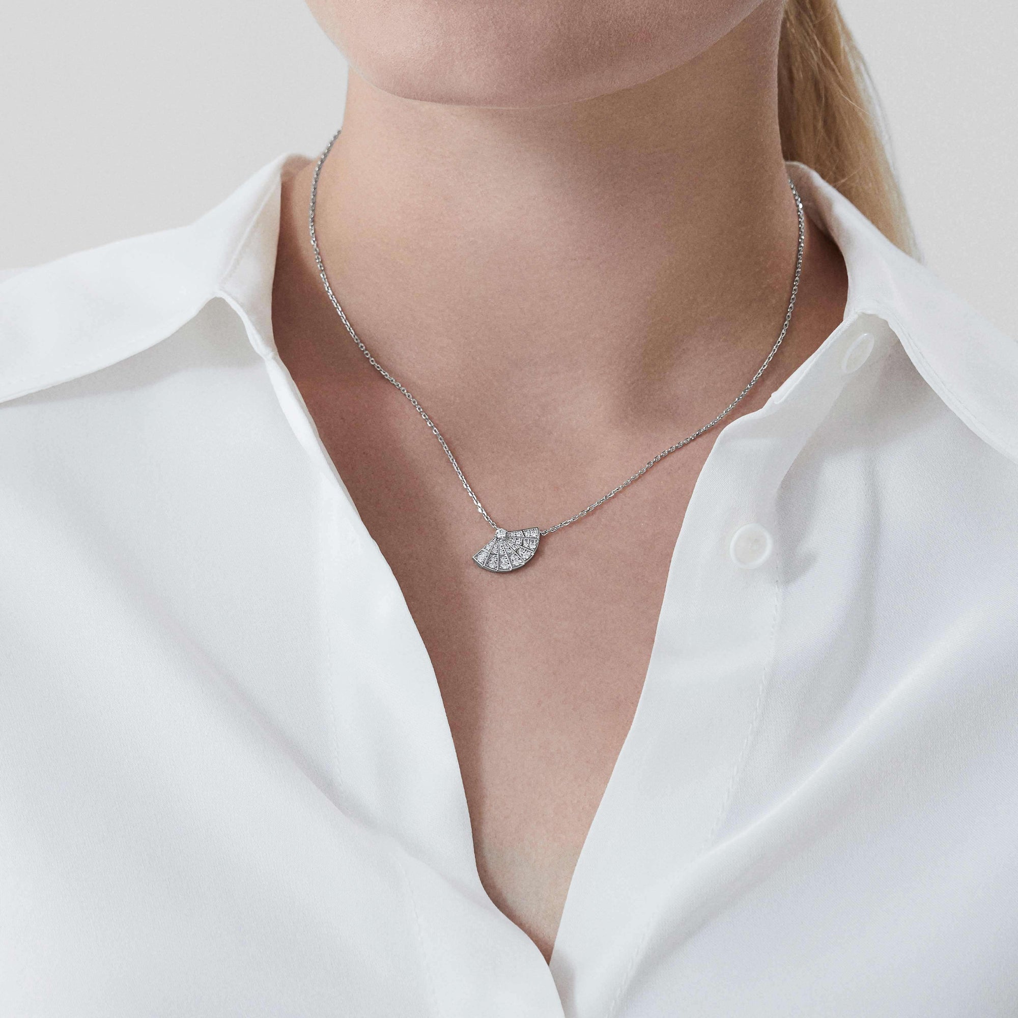 Garrard Mini Icons collection Fanfare Necklace in 18ct White Gold with Diamonds 2018413 On model
