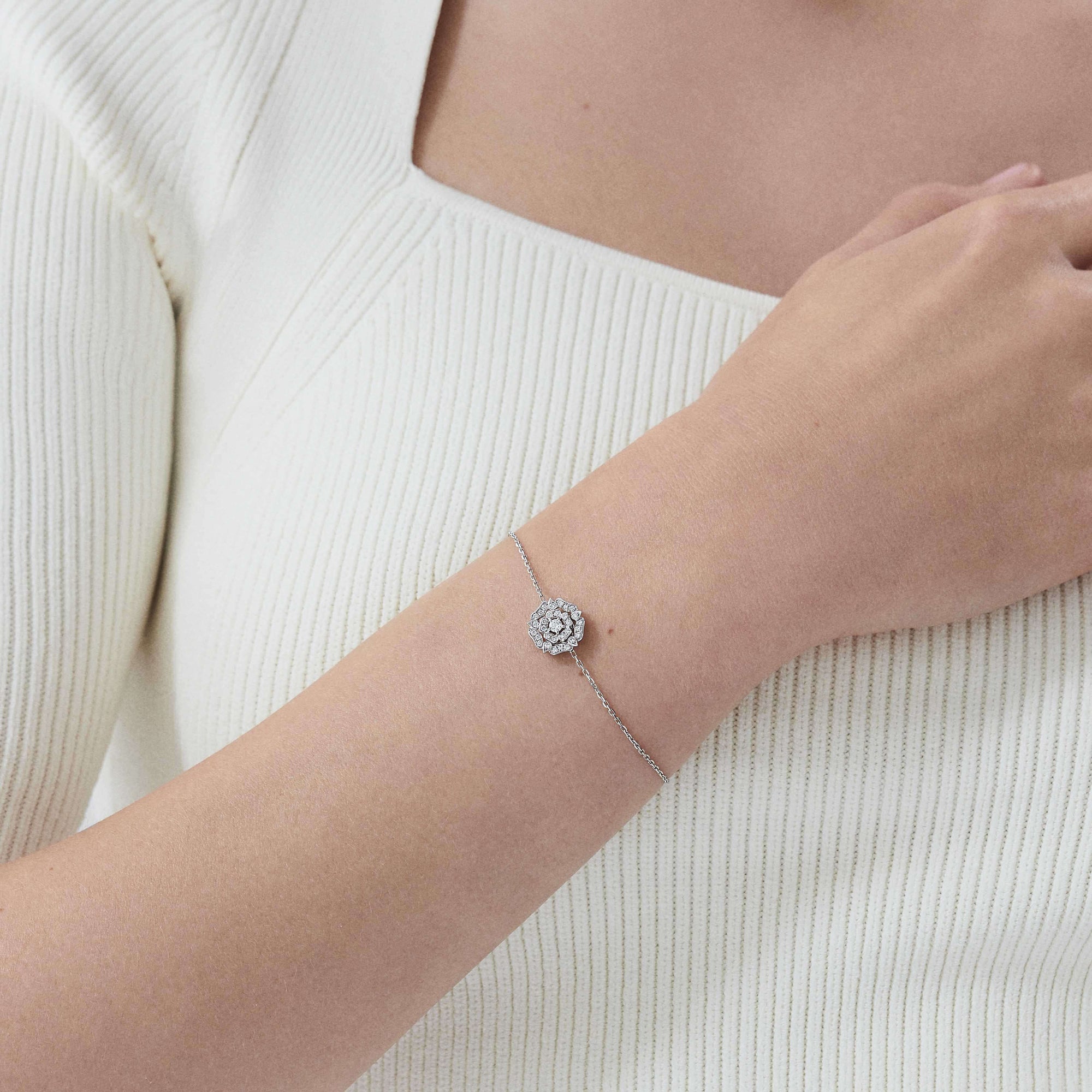 Garrard Mini Icons collection Tudor Rose Bracelet in 18ct White Gold with Diamonds 2012432 on model