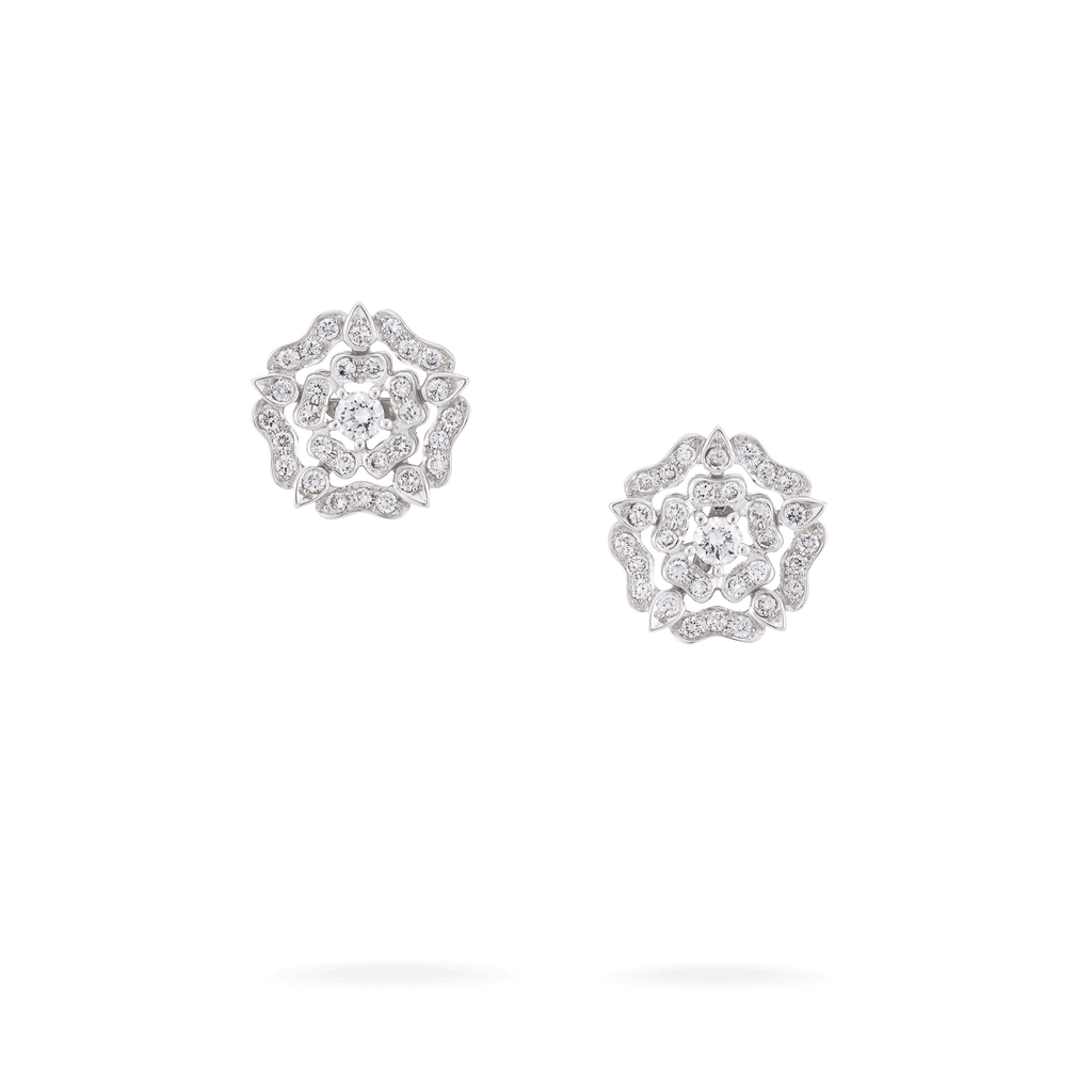 Garrard Mini Icons collection Tudor Rose Earrings in 18ct White Gold with Diamonds 2012438 Hero View