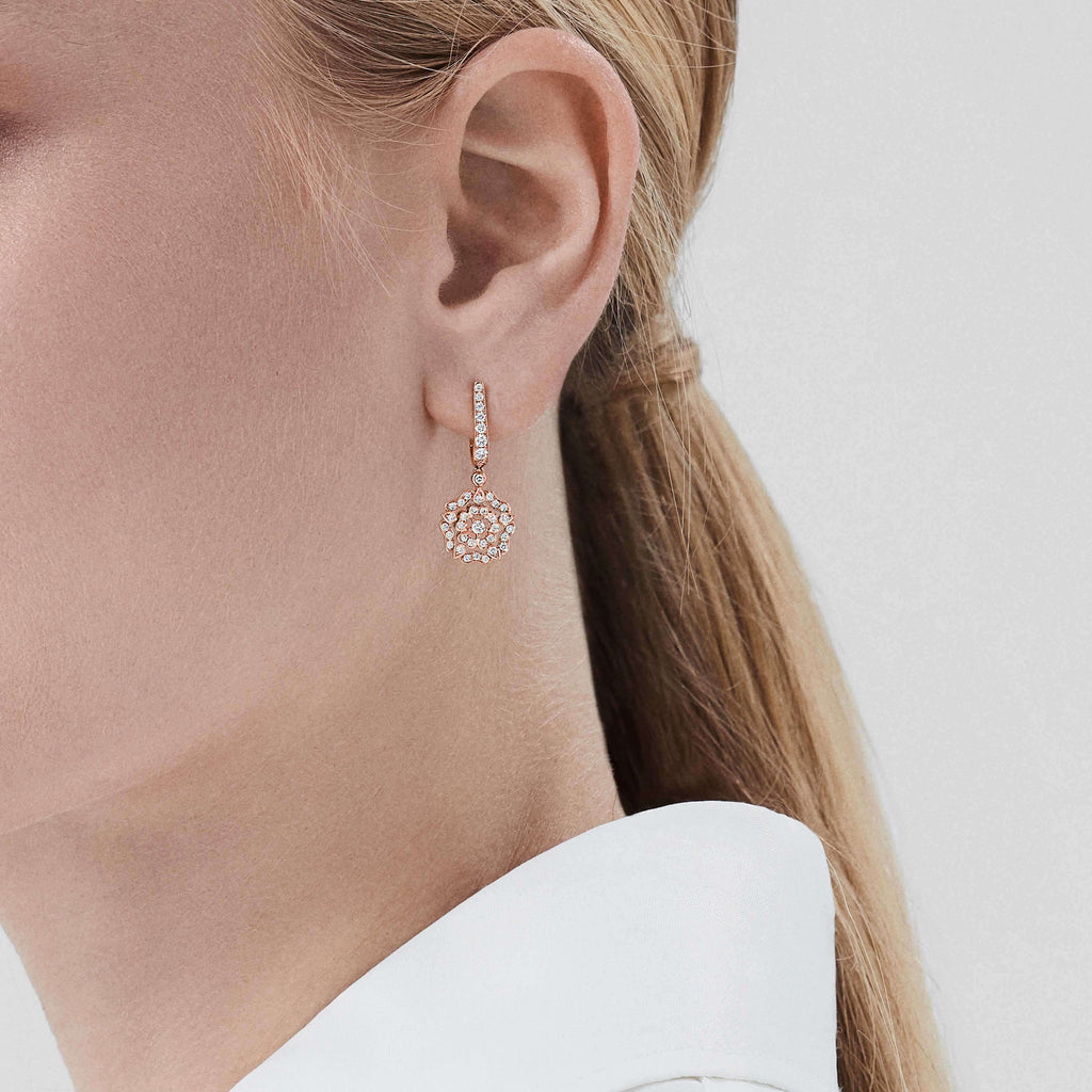 Garrard Mini Icons collection Tudor Rose Earrings in 18ct Rose Gold with Diamonds 2012639 On Model