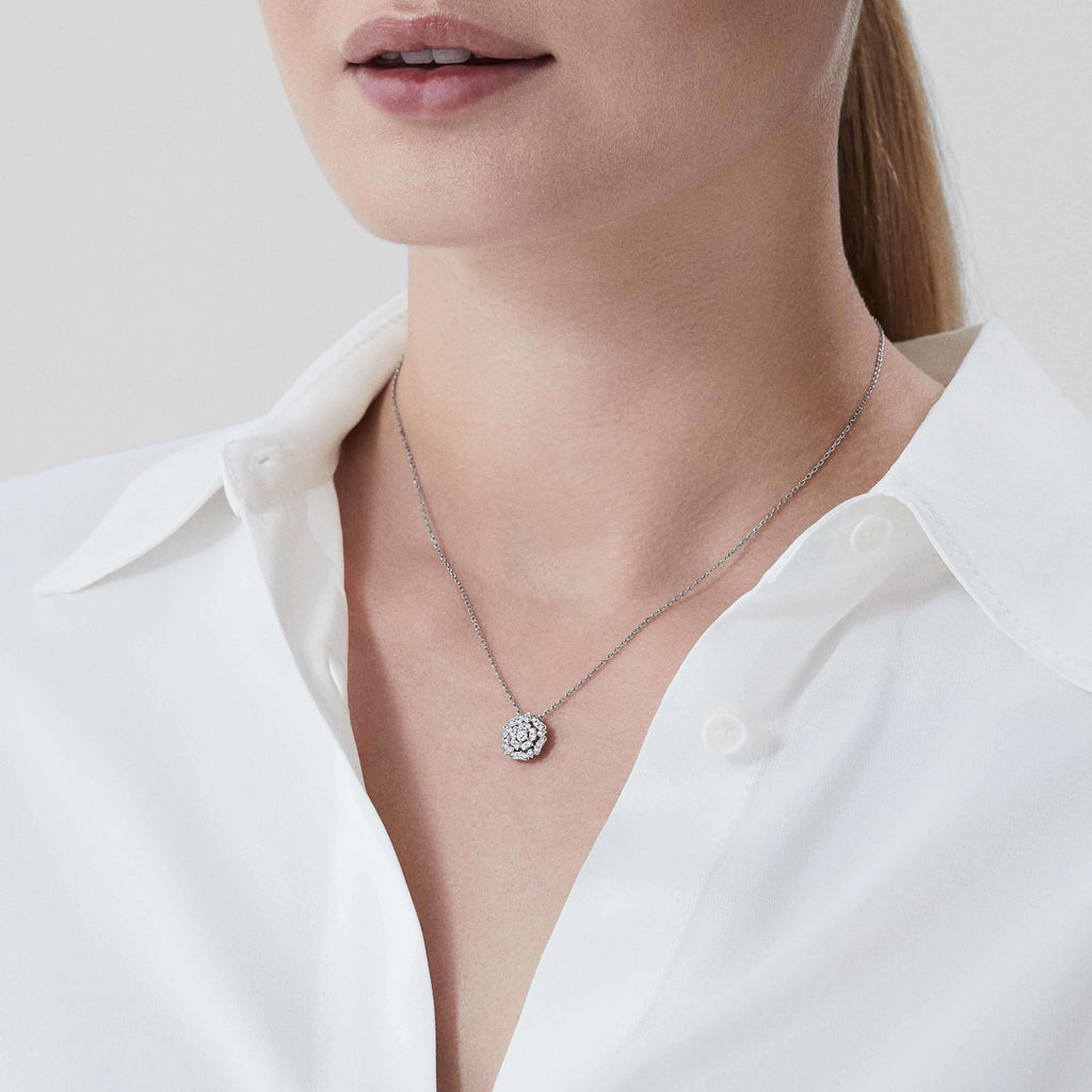 Garrard Mini Icons collection Tudor Rose Necklace in 18ct White Gold with Diamonds 2012431 On Model