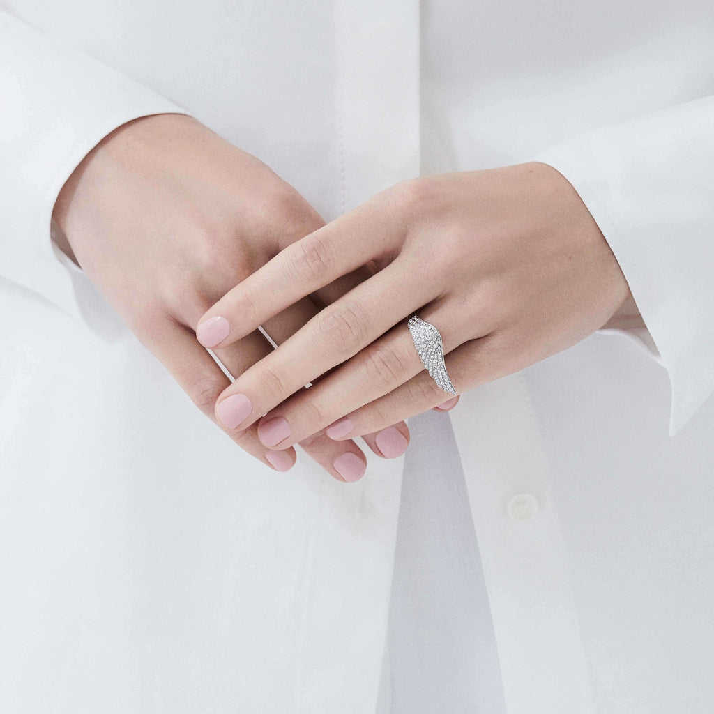 Garrard Mini Icons collection Wings Ring in 18ct White gold with Diamonds 2006814 On Model