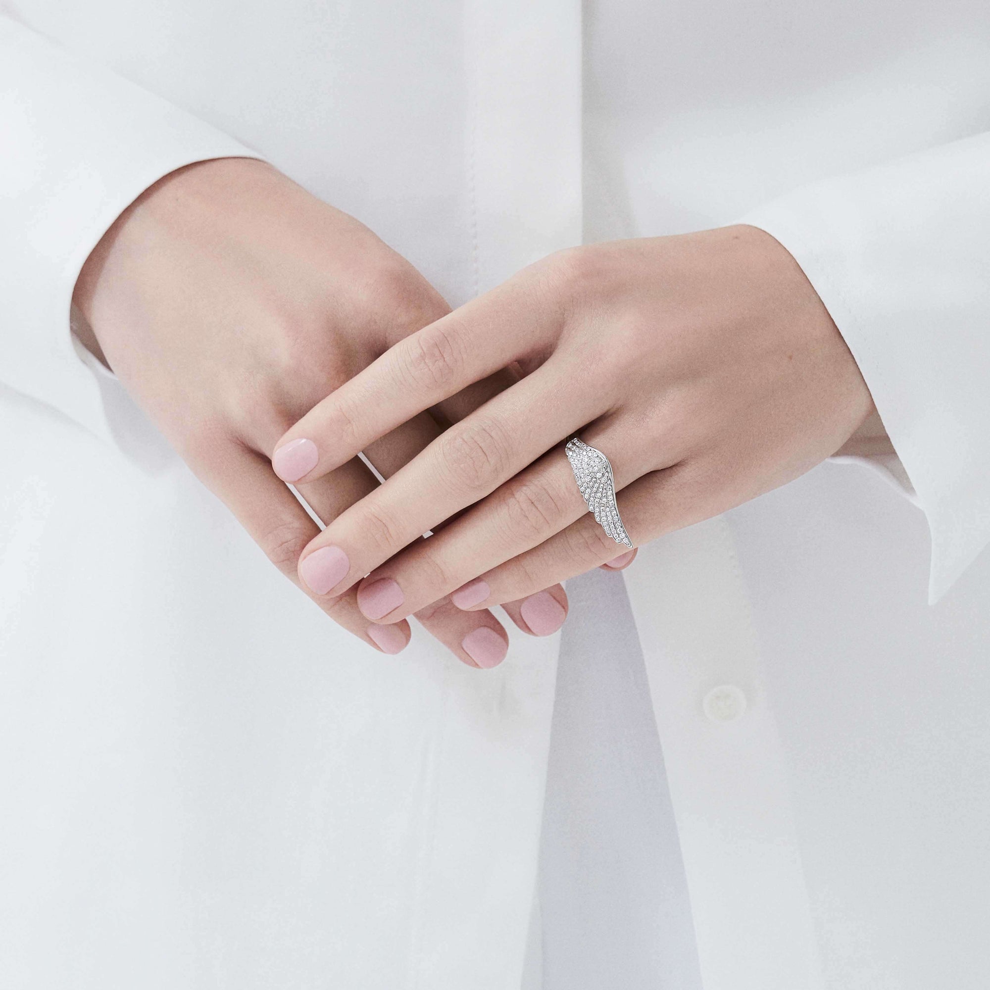 Garrard Mini Icons collection Wings Ring in 18ct White gold with Diamonds 2006814 On Model