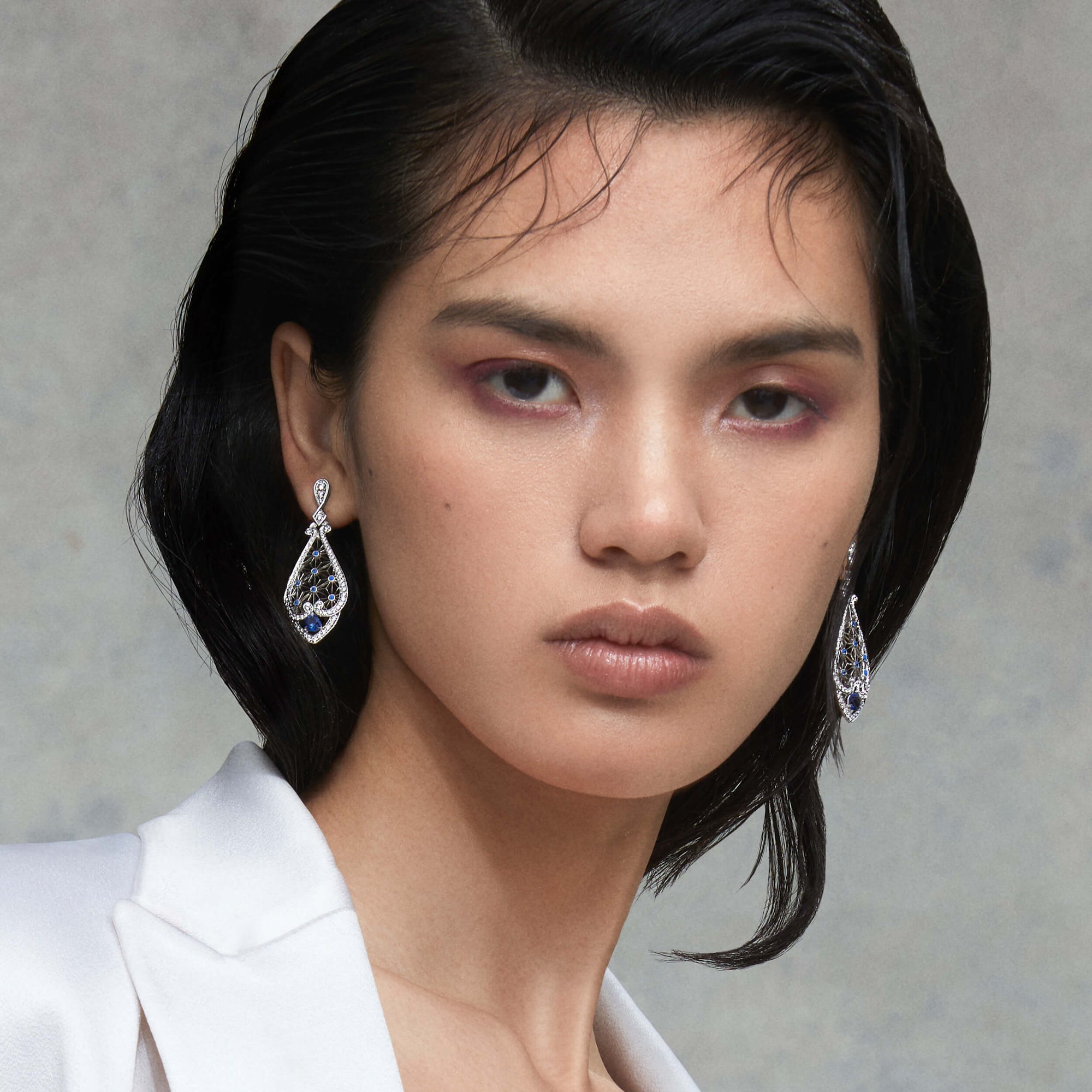 Garrard Muse Filigree Diamond and Sapphire Earrings​ In 18ct White Gold 2016006 Model