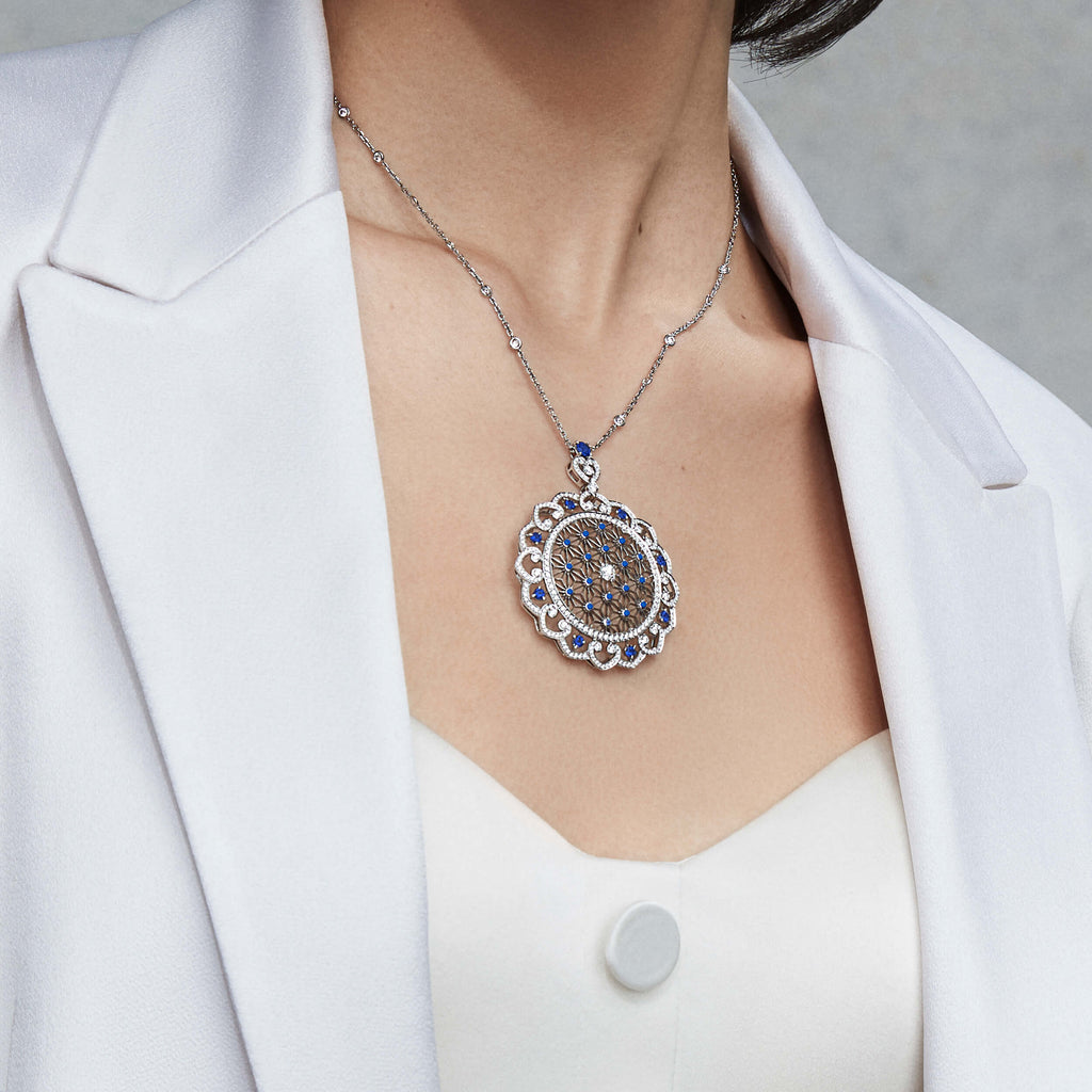 Garrard Muse Filigree Diamond and Sapphire Pendant​ In 18ct White Gold 2016267 Model