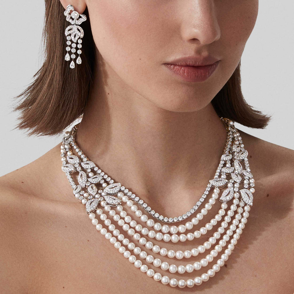 Garrard Rose Garden High Jewellery Pearl and Diamond Necklace In 18ct White Gold 2012589 and earrings 2016680 on model 2023 1