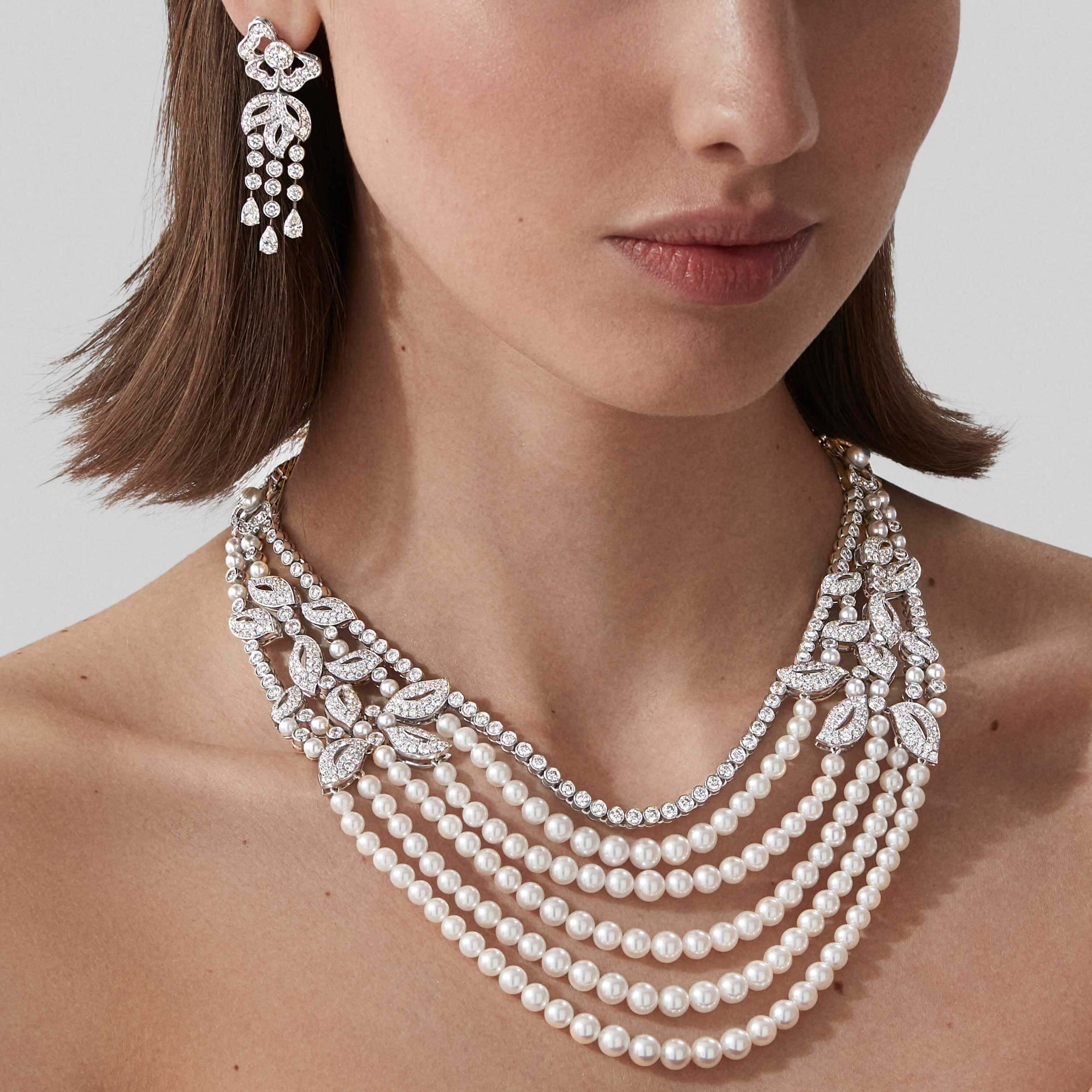 Garrard Rose Garden High Jewellery Pearl and Diamond Necklace In 18ct White Gold 2012589 and earrings 2016680 on model 2023